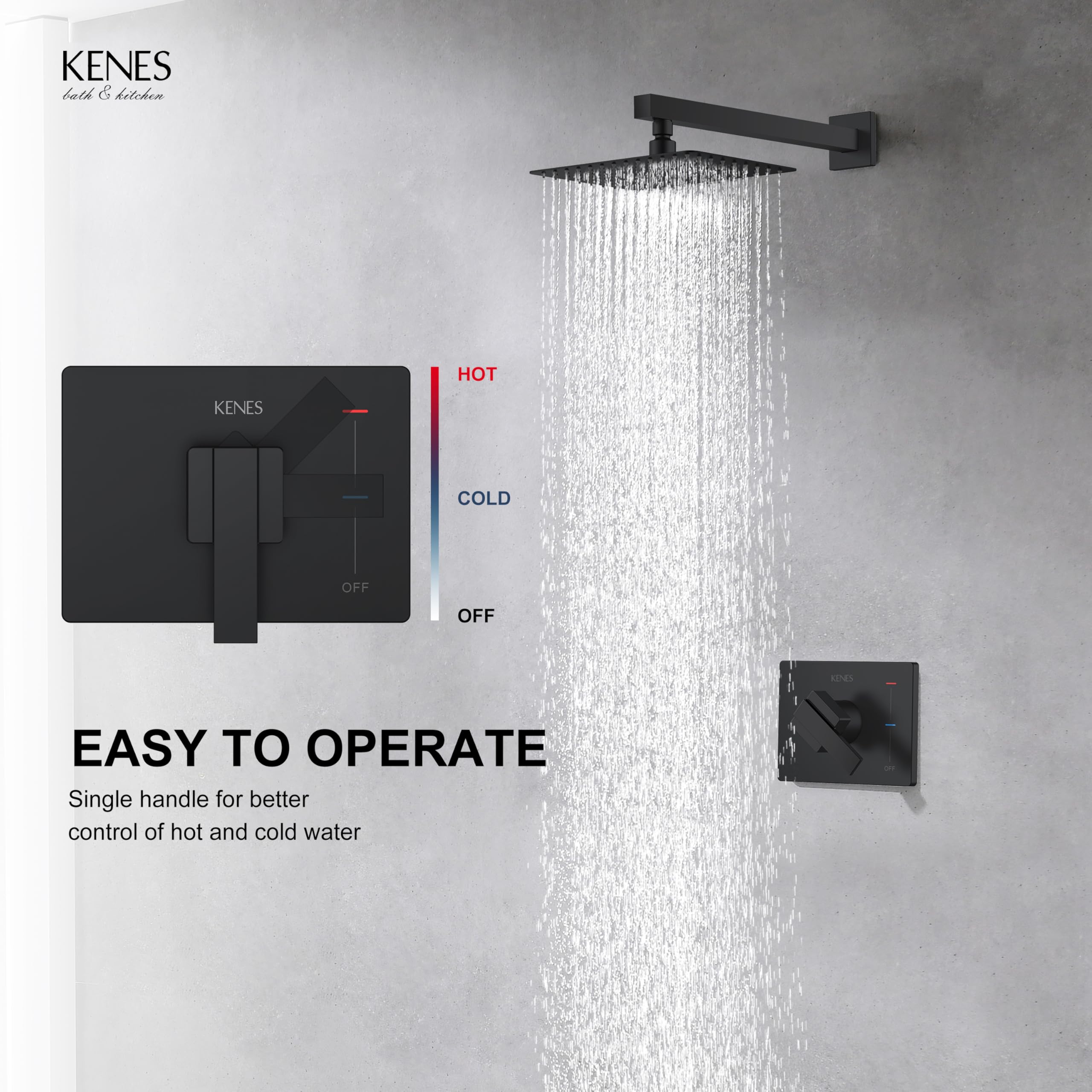 Kenes Matte Black Square Shower Faucet Set with Single-Spray Wall Mount Shower Head & Valve Included (Model KE-6024B-2) - Perfect for Modern Bathroom Renovations and Spa-Like Shower Experiences