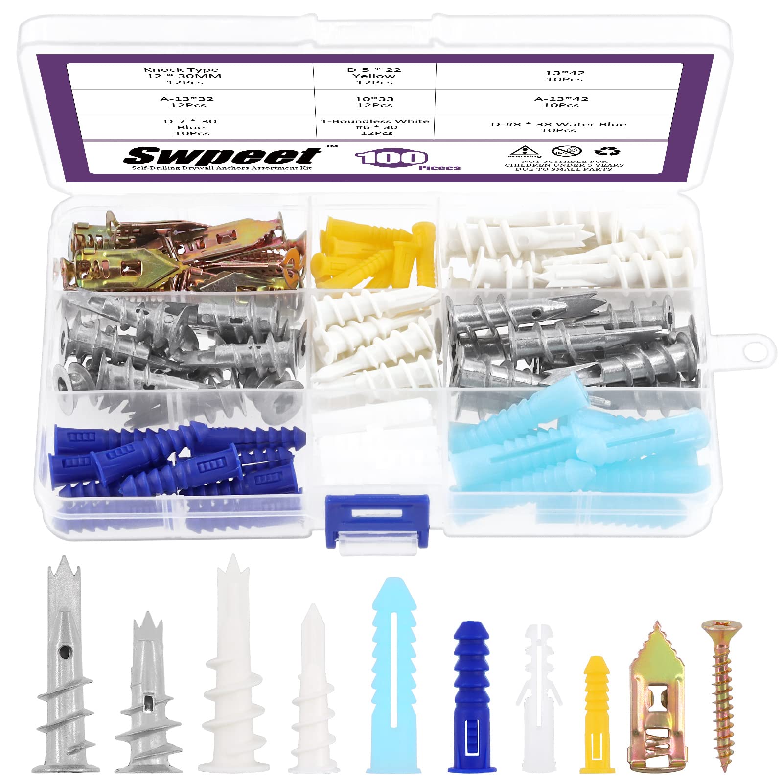 Swpeet 100-Piece 9-Style Plastic Wall Anchor Kit - Self-Drilling Drywall Anchors for Hollow Walls, No Pre-Drill Needed - Perfect for Hanging Pictures, Shelves, and Home Decor