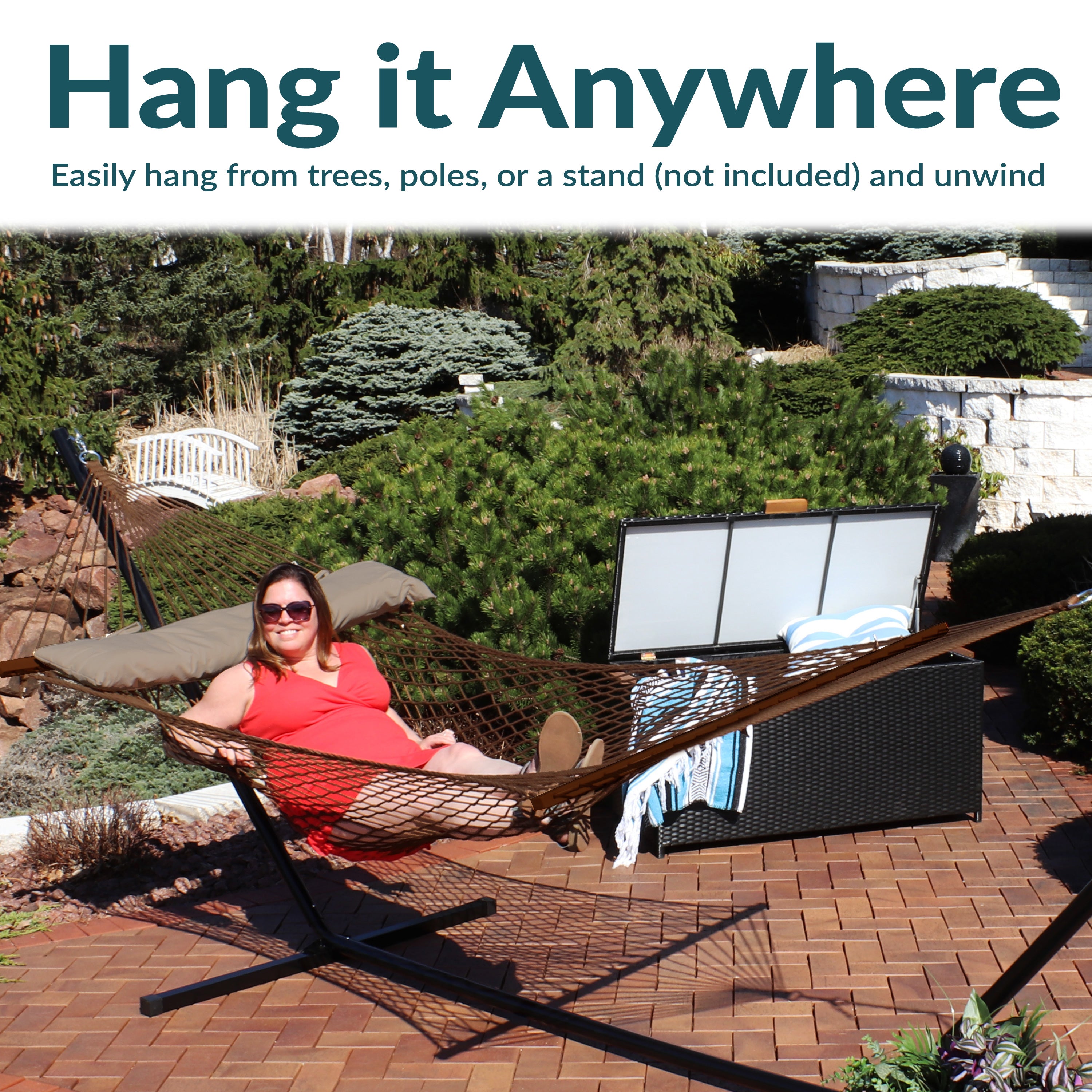 Sunnydaze Double Wide 2 Person Spreader Bar Rope Hammock - Heavy Duty Outdoor Hammock for Patio, Backyard, Poolside & Beach Relaxation