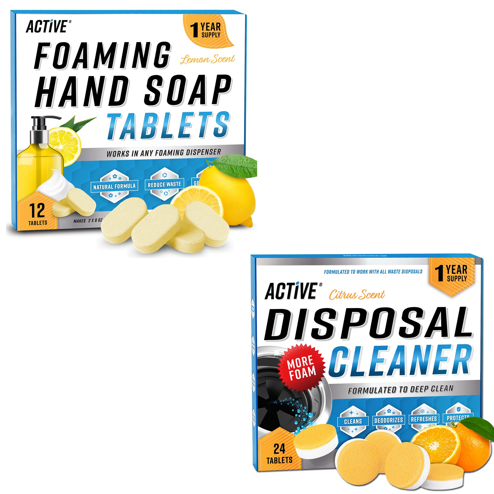 ACTIVE Garbage Disposal Cleaning Tablets & Foaming Hand Soap Refill Tablets 36 Pack - 12 Month Supply, Eco-Friendly Sink & Hand Wash Solution - Freshen Disposer & Create Luxurious Foam Soap - Perfect for Kitchen & Bathroom Cleaning