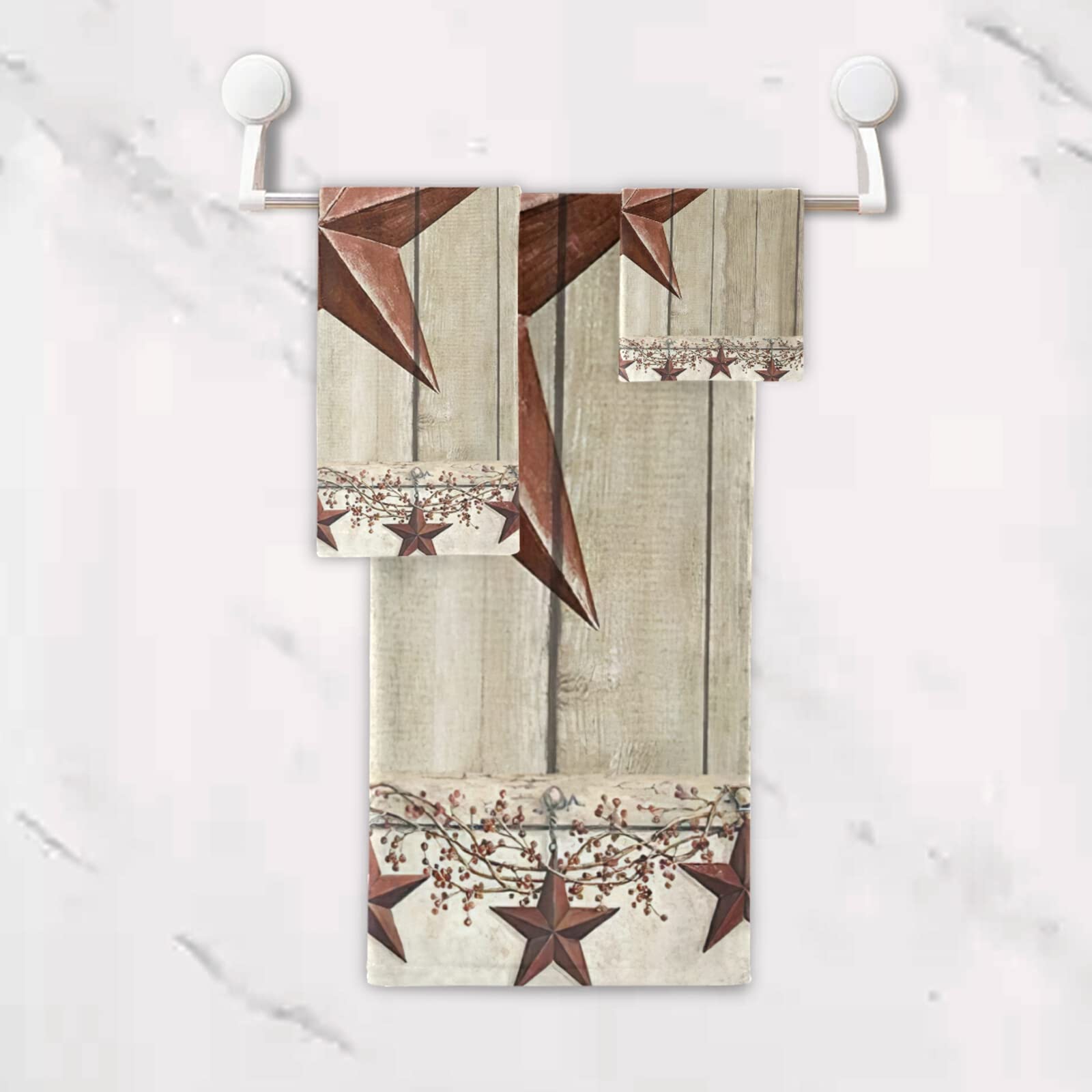 Rustic Bath Towels Set - Soft & Absorbent 3-Piece Luxury Bathroom Towels with Western Texas Star & Primitive Berries Design (1 Bath Towel, 1 Hand Towel, 1 Washcloth) - Perfect for Spa, Gym, Farmhouse & Country Style Bathrooms