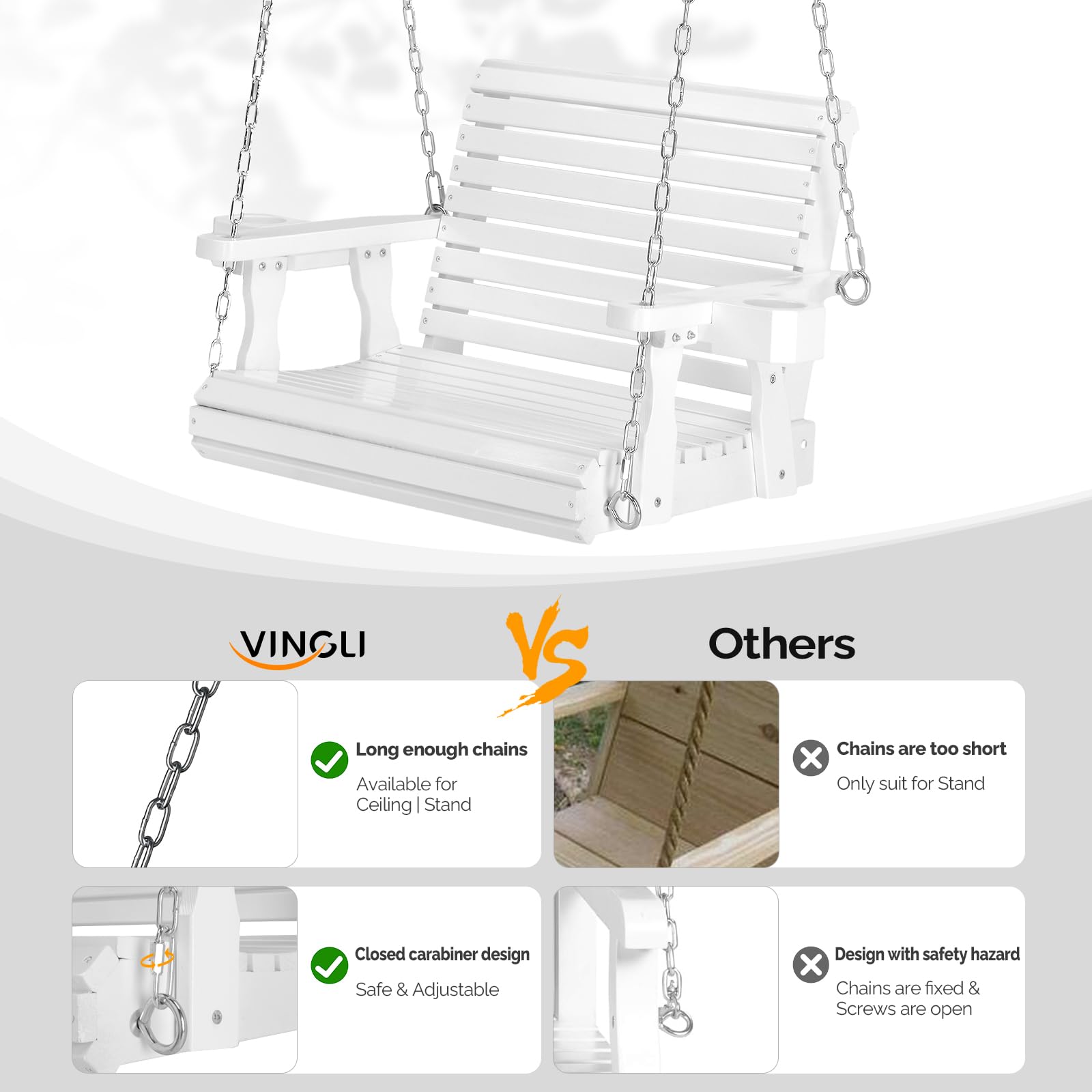 VINGLI Heavy Duty 440 LBS Capacity Wooden Porch Swing - Single Person Outdoor Swing with Deep Seat, High Backrest & Cup Holder for Adults & Kids - Perfect for Patio, Garden, Balcony, Backyard & Tree Hanging (White)