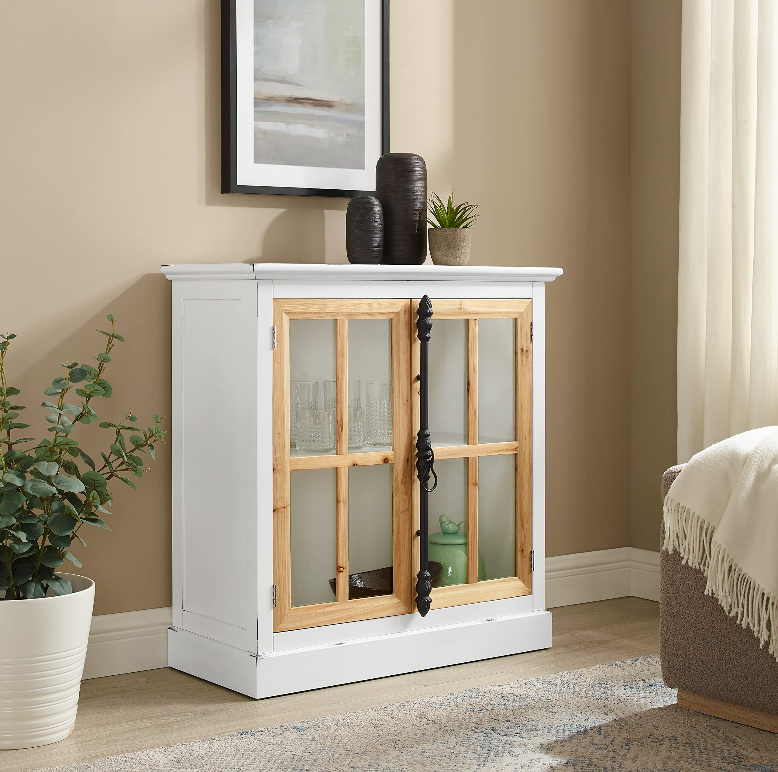 GOOD & GRACIOUS White 2-Door Farmhouse Accent Cabinet with Tempered Glass - Distressed Wood Display Cabinet for Living Room, Dining Room & Entryway Storage