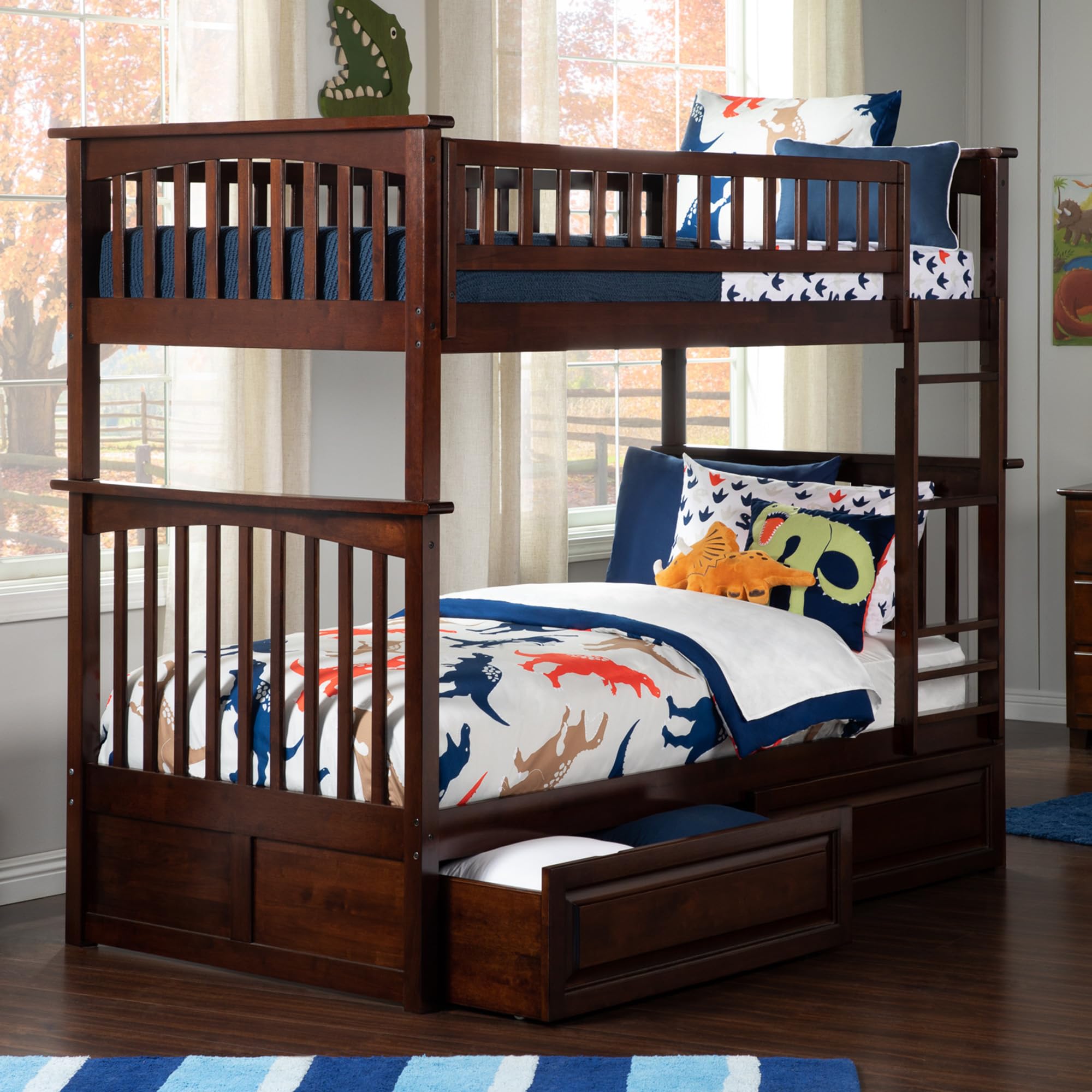 AFI Columbia Twin Over Twin Bunk Bed with Storage Drawers & USB Charging Station - Solid Walnut Wood for Kids' Bedroom, Guest Room & Space-Saving Solutions