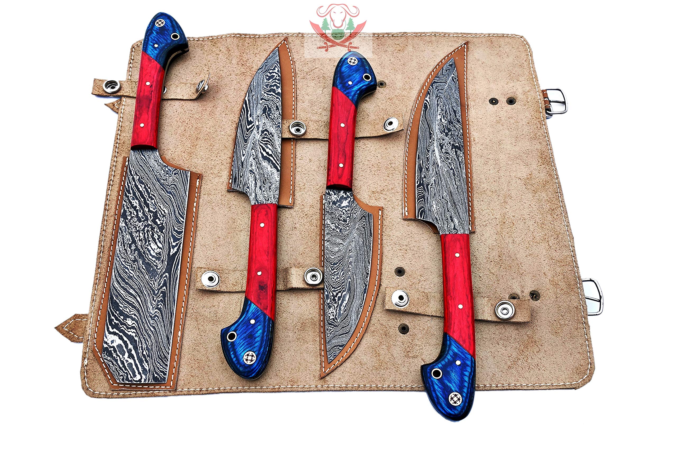 Premium Damascus Steel Knife Set - Hand Forged 4-Piece Chef & BBQ Knives with Colored Wood Handle (Red/Blue) - Perfect for Professional Cooking, Outdoor Grilling & Kitchen Gift