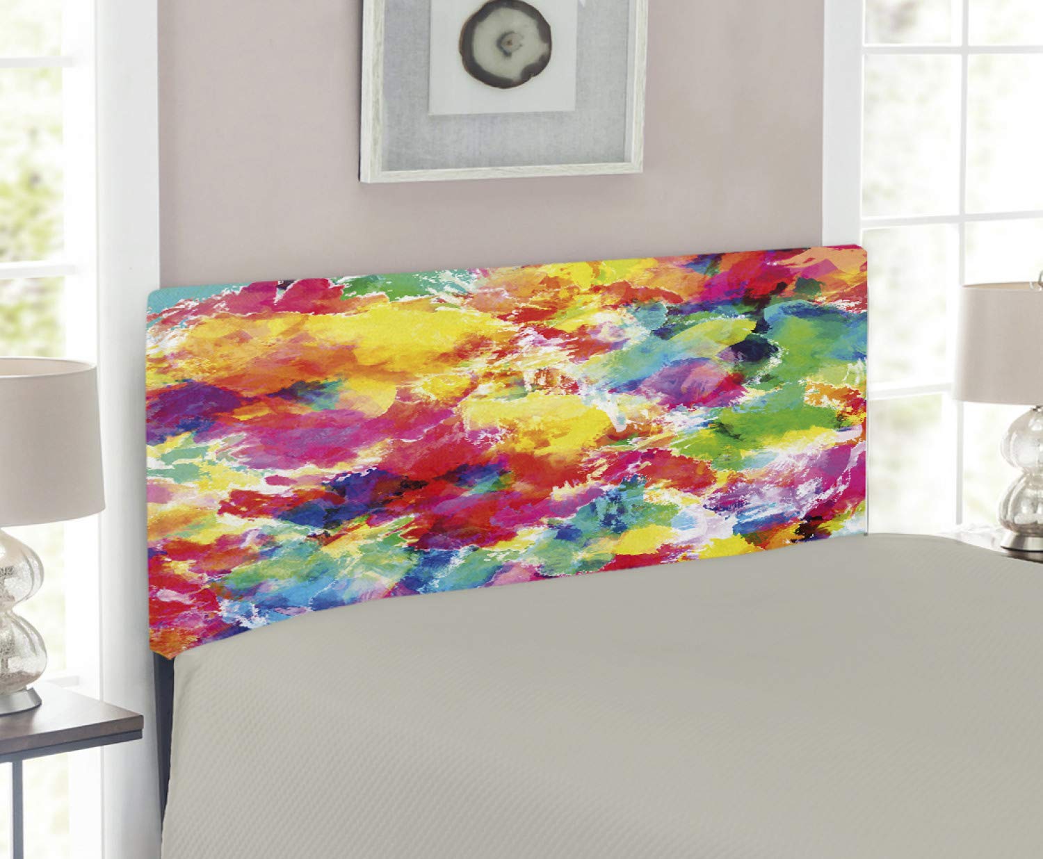 Ambesonne Pastel Upholstered Headboard - Oil Painting Style Abstract Watercolors Design, Vibrant Brushstrokes Print, Decorative Metal Bed Frame with Memory Foam Padding, Twin Size, Multicolor - Perfect for Bohemian Bedroom Decor, Guest Room Upgrade & Cozy Reading Nook