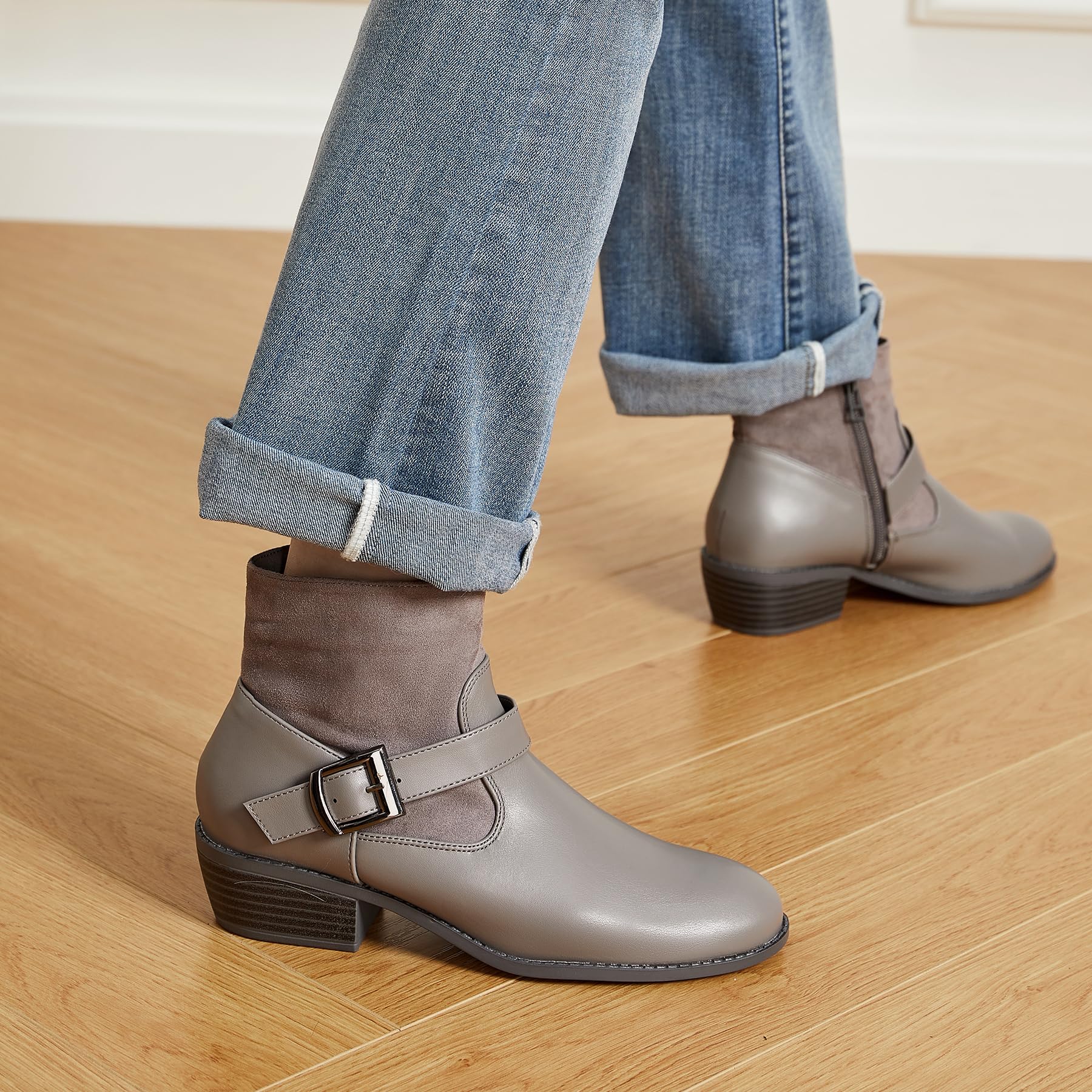 Stylish Women's Ankle Boots with Round Toe & Low Heel - Side Zipper Winter Booties with Buckle & Fleece Lining - Perfect for Cold Weather, Office Wear & Casual Outfits