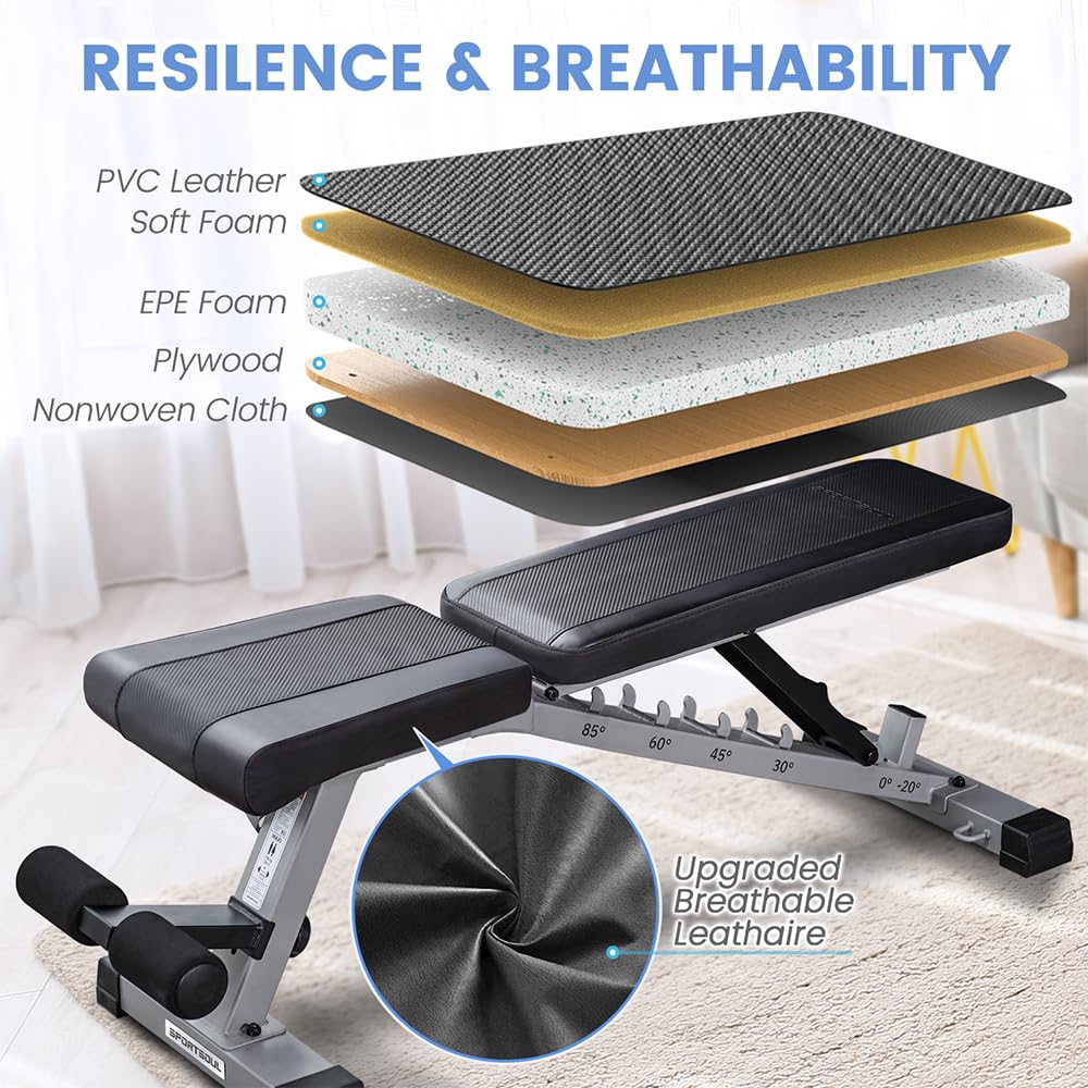 **Heavy Duty Adjustable Weight Bench for Home Gym - Strength Training & Weightlifting with Upgraded Breathable Leathaire Material (Black) - Perfect for Full-Body Workouts, Dumbbell Exercises & Home Fitness**