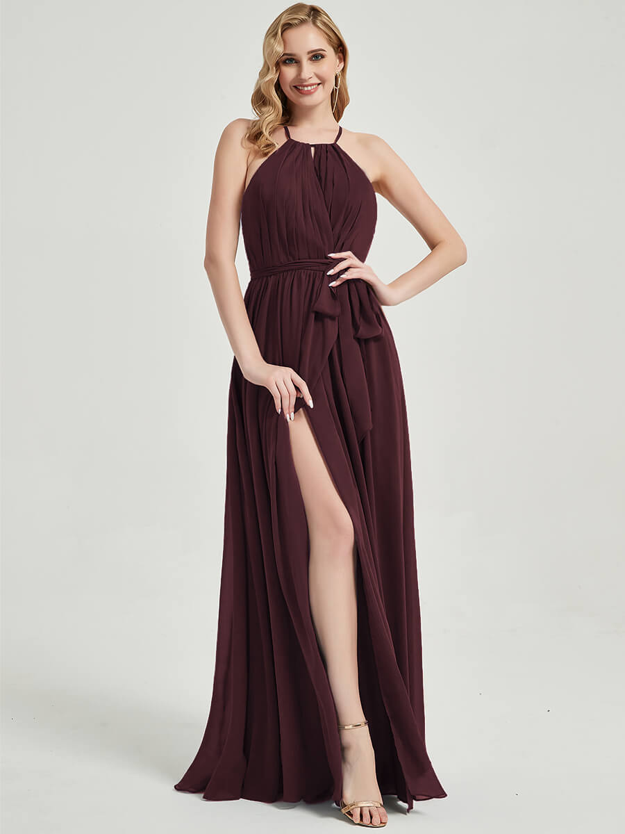 Elegant Cabernet Halter Neck Slit Wrap Chiffon Bridesmaid Dress - Floor Length Formal Gown for Weddings, Parties & Special Occasions