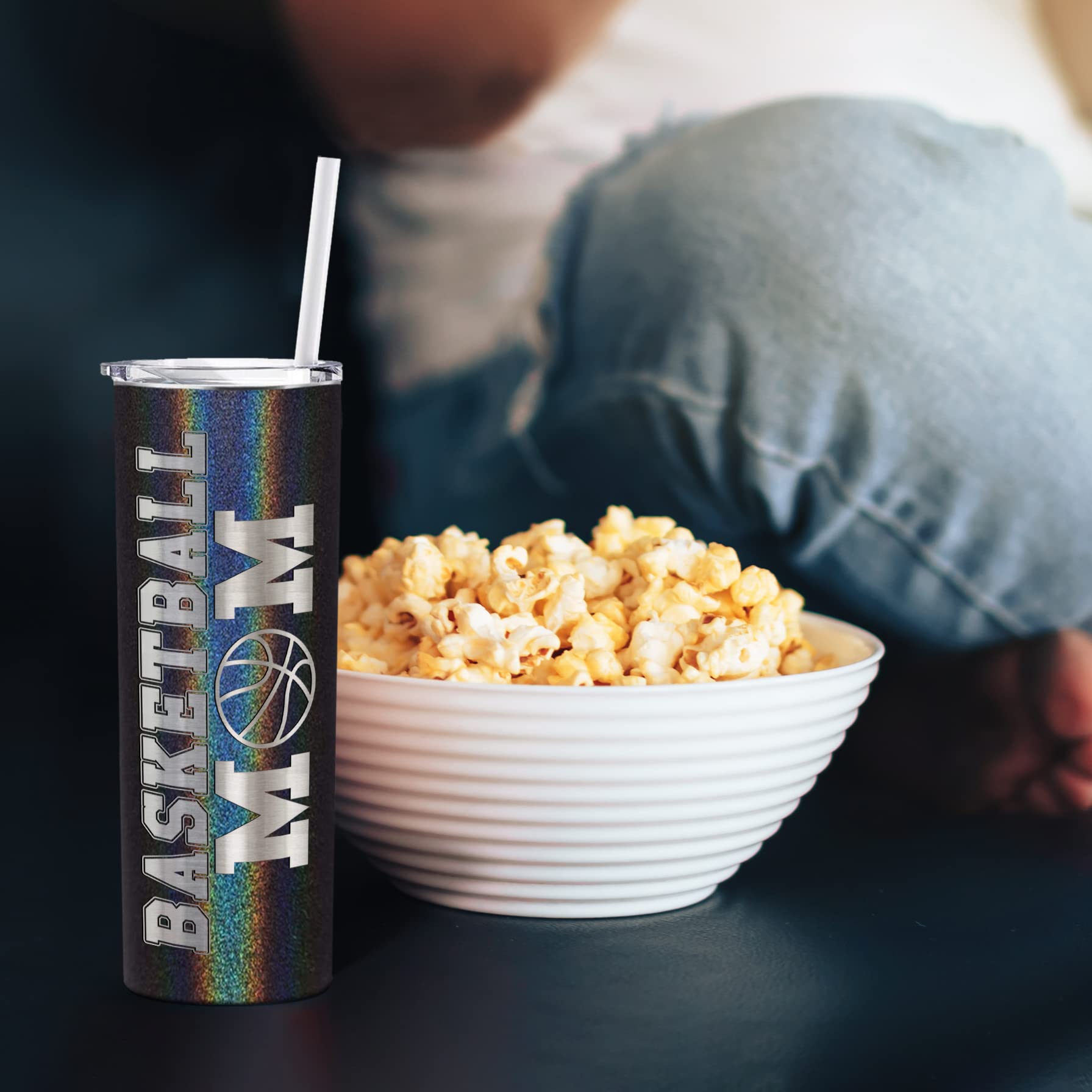 20 oz Insulated Stainless Steel Basketball Mom Tumbler - Laser Engraved Black Glitter Cup with Lid & Straw - Perfect for Basketball Games, Practice & Team Gifts