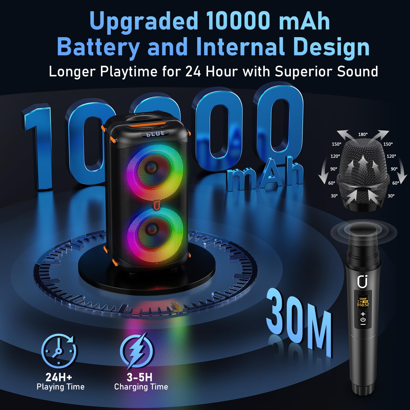 Portable Bluetooth Karaoke Machine with 2 Wireless Microphones | Professional PA System with Disco Lights & Dual 6.5