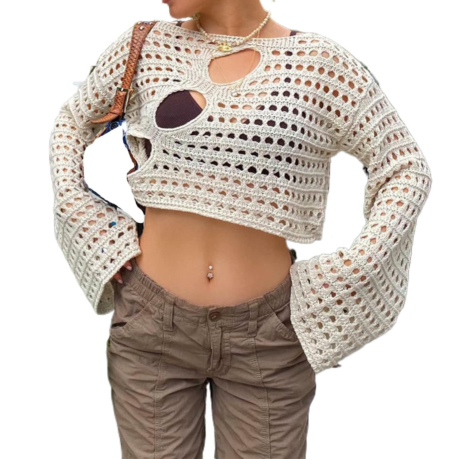 Sunloudy Women's Cropped Knit Top - Long Sleeve Crochet Hollow Out Square Collar Sweater | Casual Chic Crop Tops for Fall & Winter | Perfect for Date Night, Office Wear & Holiday Outfits