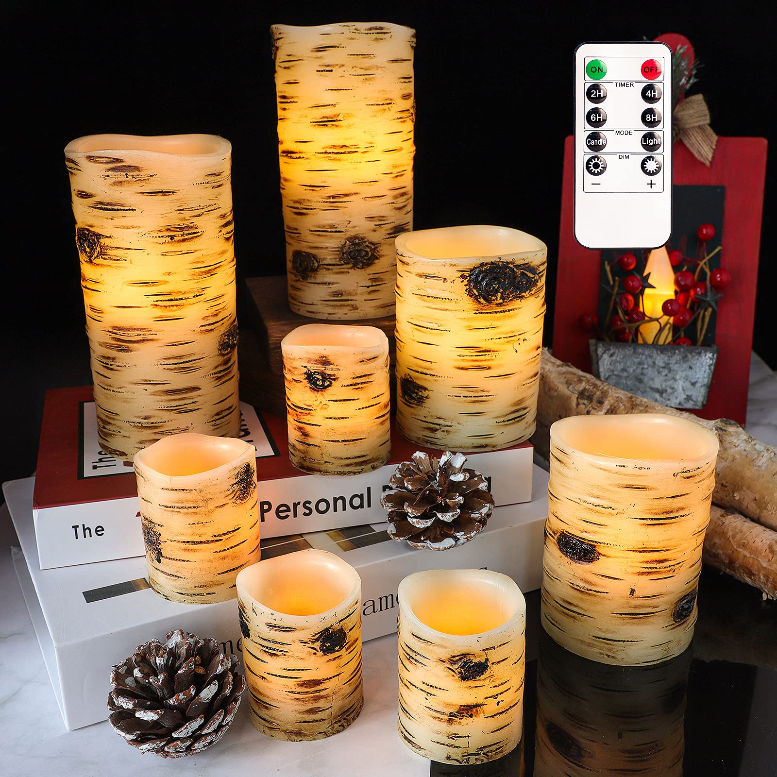 Flameless LED Candles with Remote & Timer - Real Wax Birch Bark for Home Décor & Bookcase Lighting