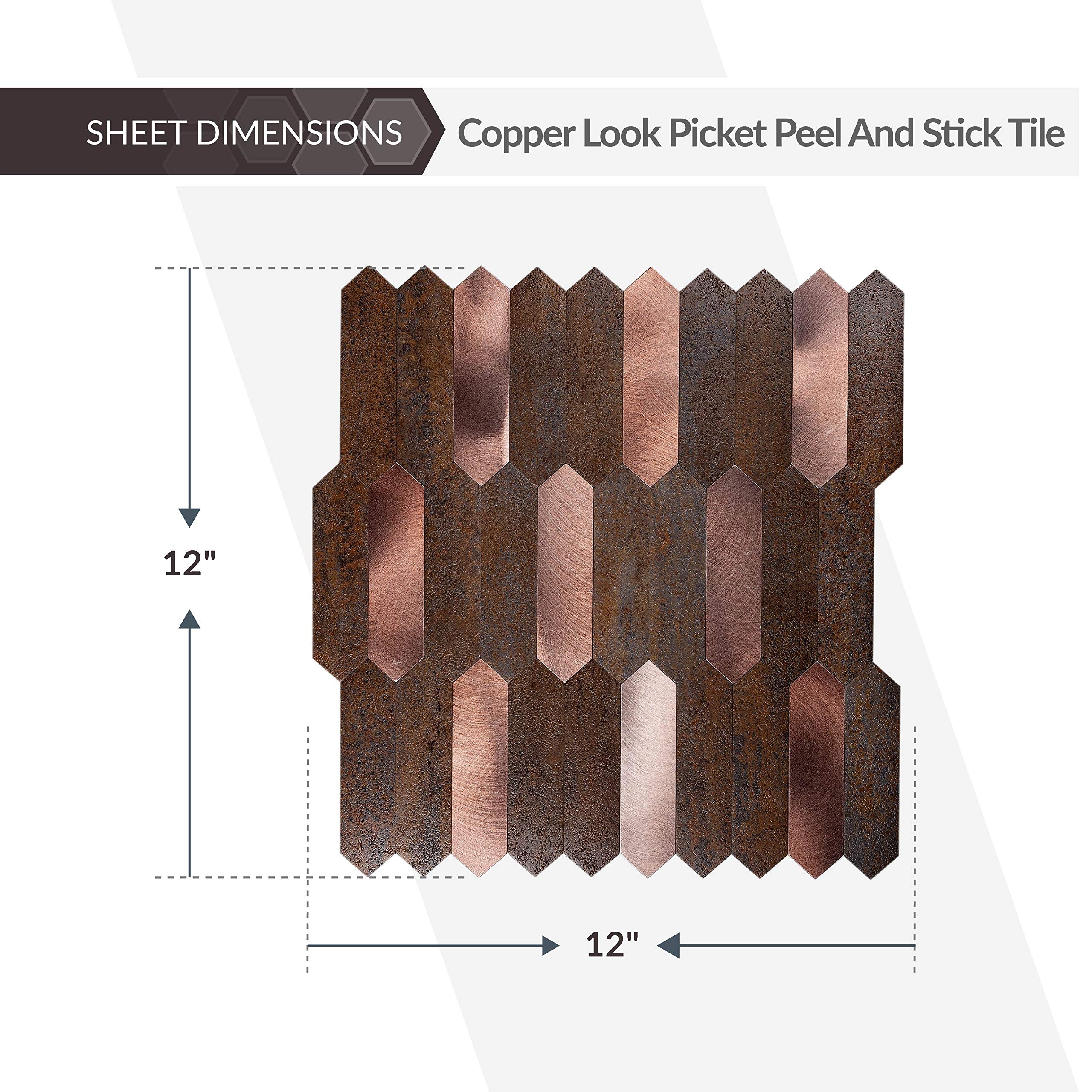 Copper Peel and Stick Backsplash Tile - 12x12 Inch Self-Adhesive Wall Panel for Kitchen, Bathroom, Shower or Fireplace (10-Pack) - Easy DIY Home Renovation & Decoration Upgrade
