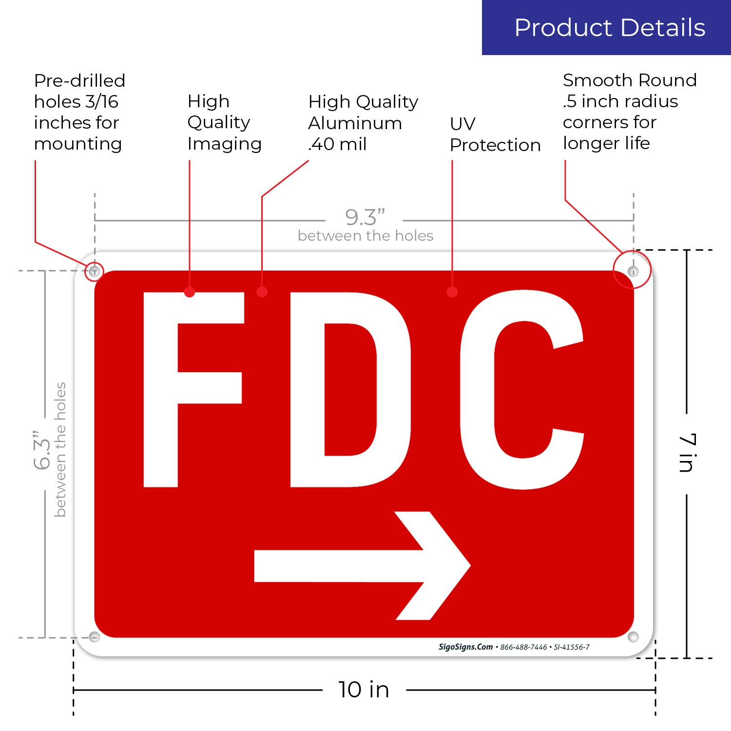 FDC Right Arrow Sign - 10x7 Inch Rust-Free Aluminum with Red Background - Fade Resistant for Indoor & Outdoor Use - Easy Mounting Made in USA - Perfect for Parking Lots, Warehouses & Construction Sites