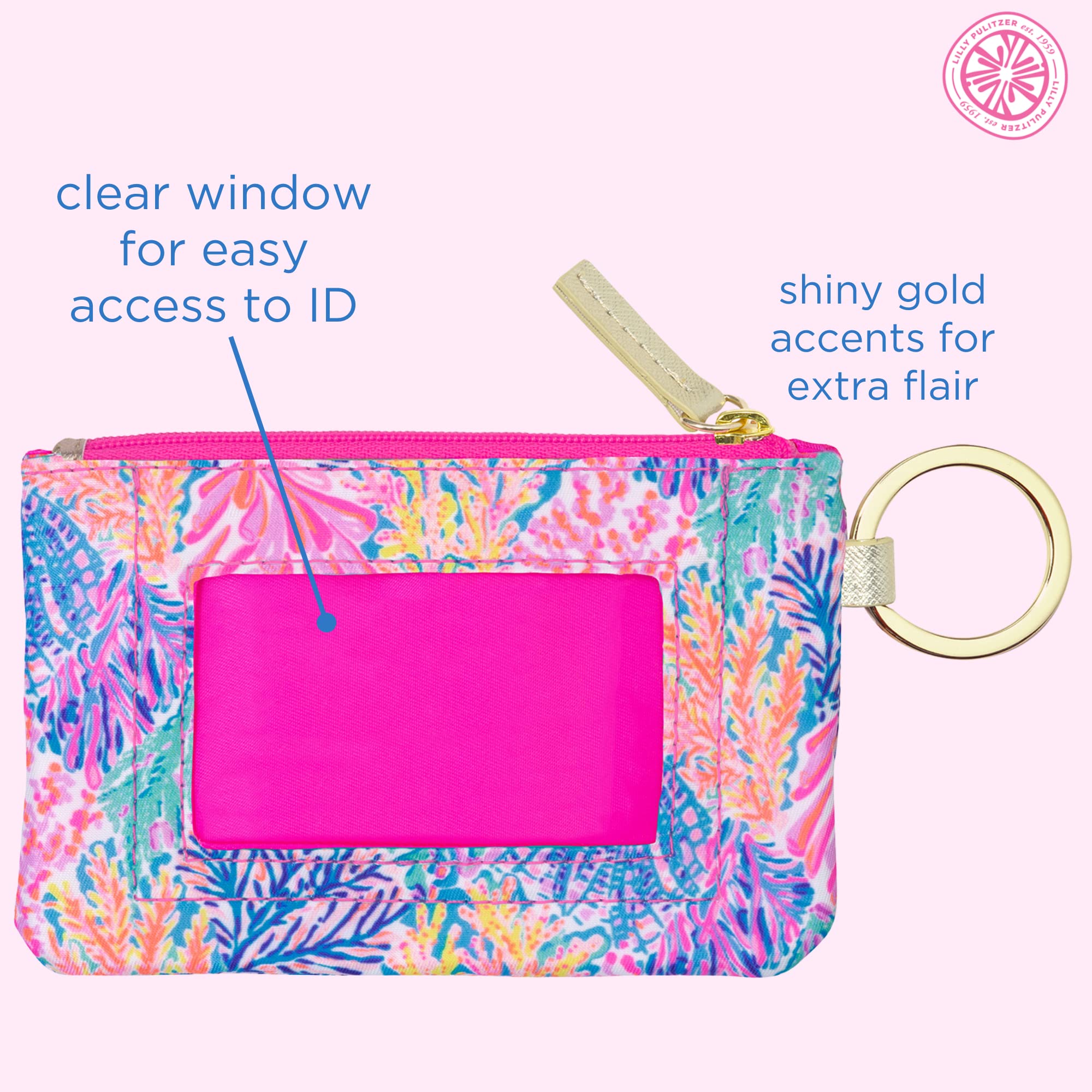 Lilly Pulitzer ID Holder Wallet for Women - Zip Closure Keychain Wallet with Card Slots & ID Window | Splashdance Print | Perfect for Everyday Use, Travel & Work Essentials