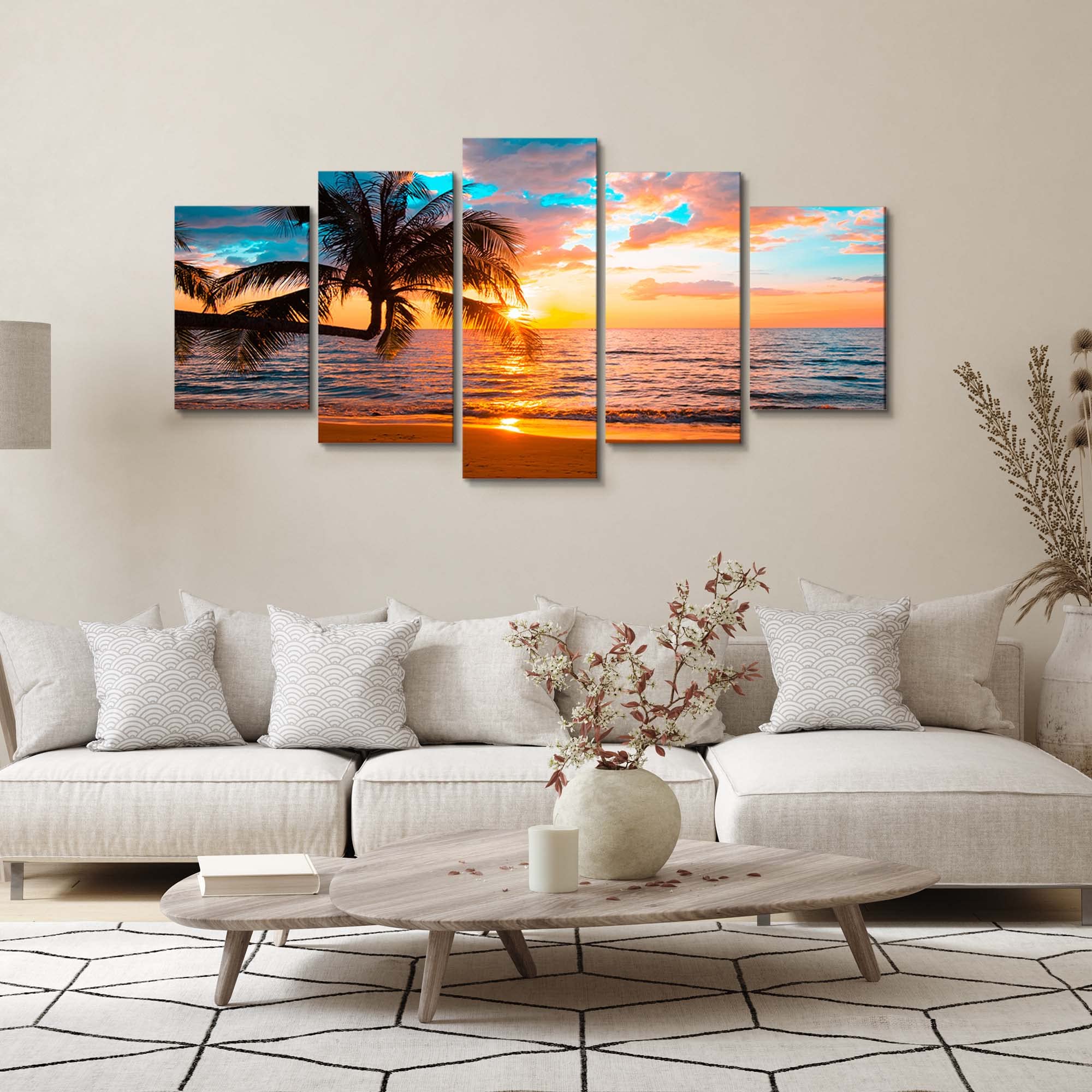 Abstract Ocean Landscape Wall Art - Blue Sky & Beach Canvas Print Painting for Home Decor (Set of 5, 80x40 Inches) - Perfect for Living Room, Bedroom & Office Wall Decorations