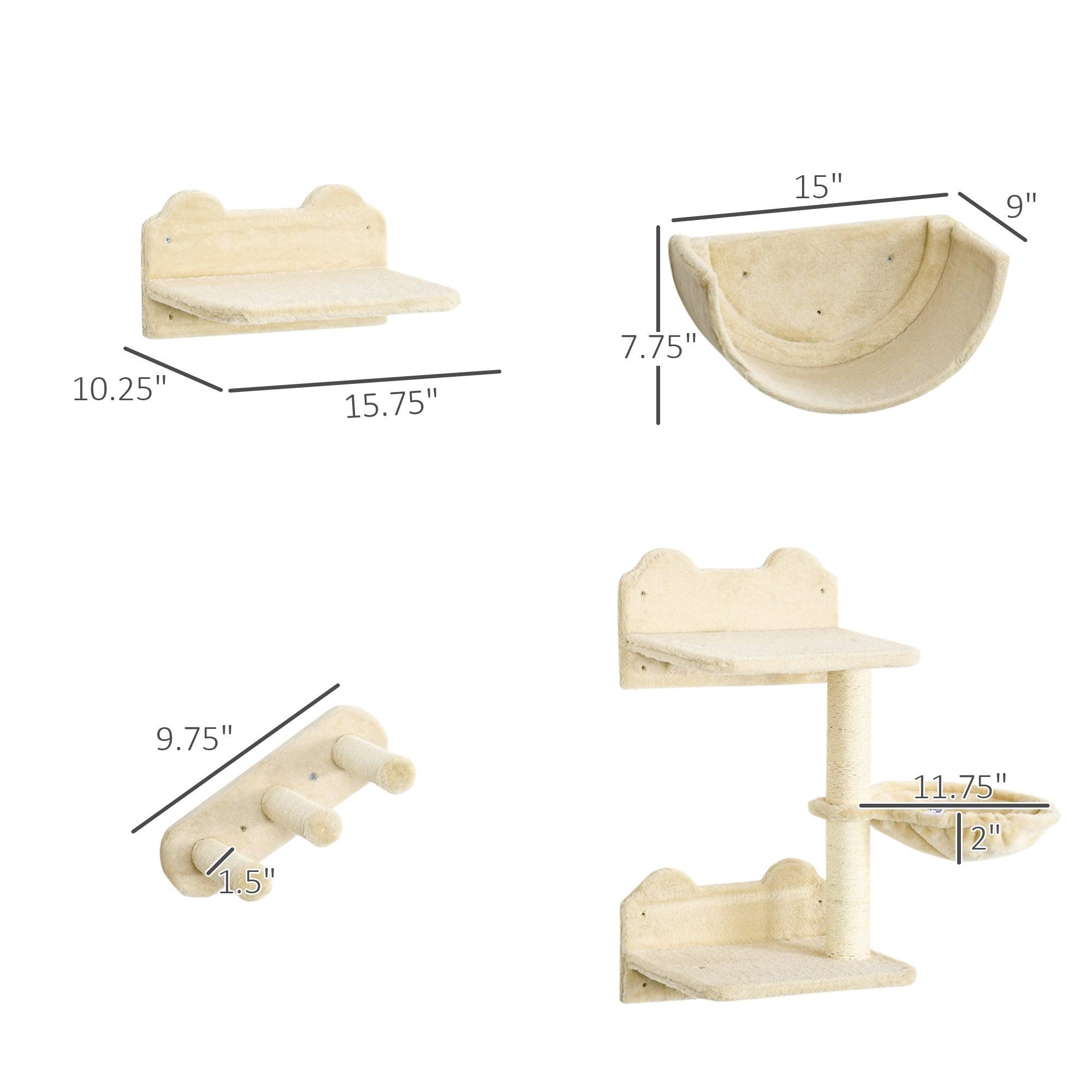 4-Piece Cat Wall Shelves Set with Hammock, Steps, Perches & Scratching Post - Multi-Level Climbing Furniture for Cats to Sleep, Play & Lounge - Beige Home Decor for Pet Lovers