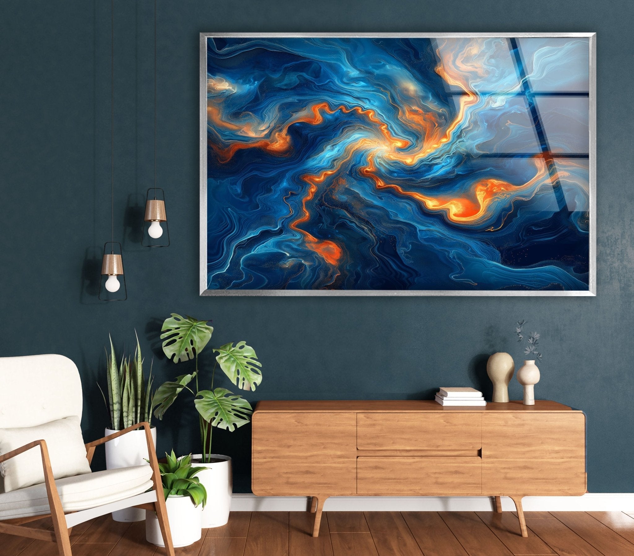 Abstract Swirling Blue and Orange Glass Wall Art - Handmade Modern Home Decor for Living Room, Bedroom & Office - Unique Contemporary Wall Sculpture