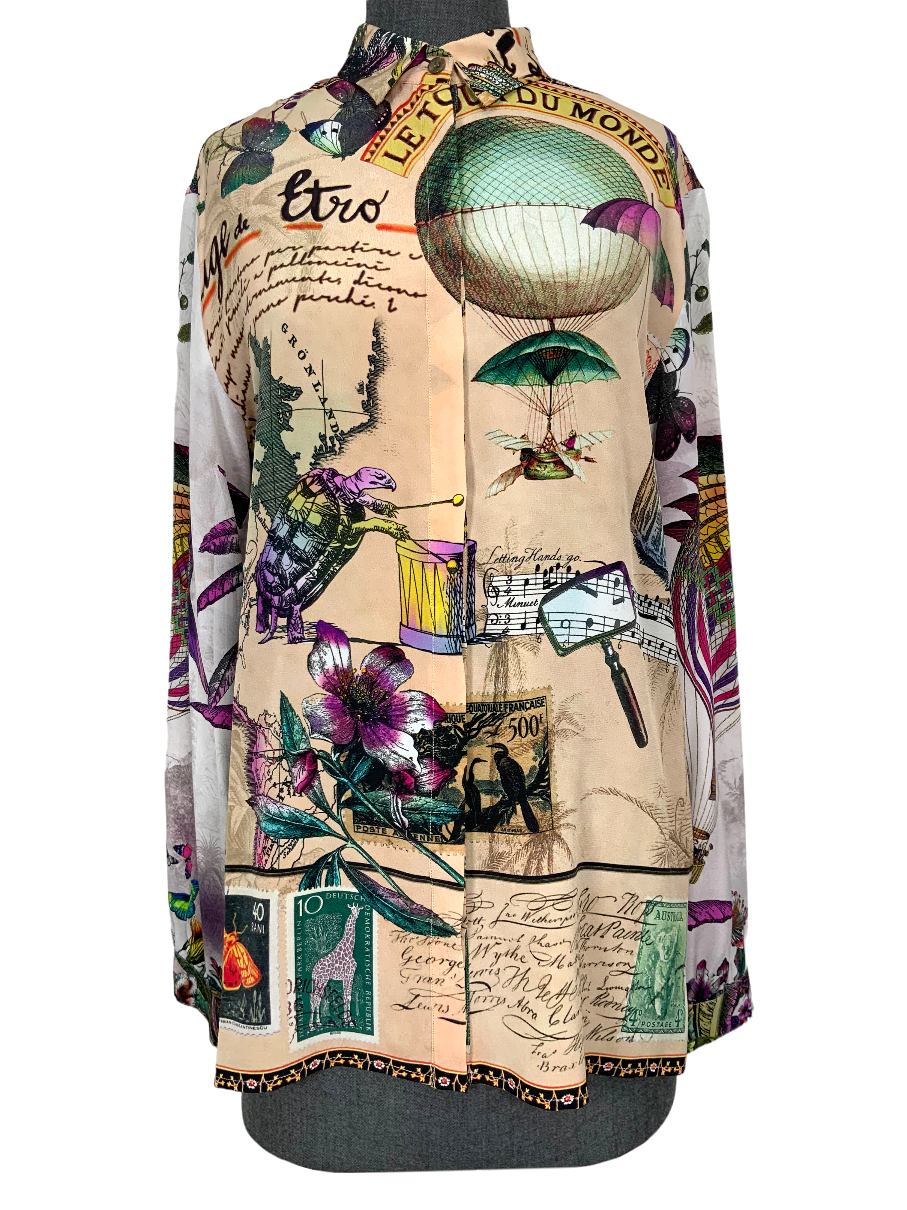 ETRO Women's Printed Silk Crepe Button Down Blouse - Size Medium | Elegant Floral Pattern Formal Shirt for Office, Party & Special Occasions
