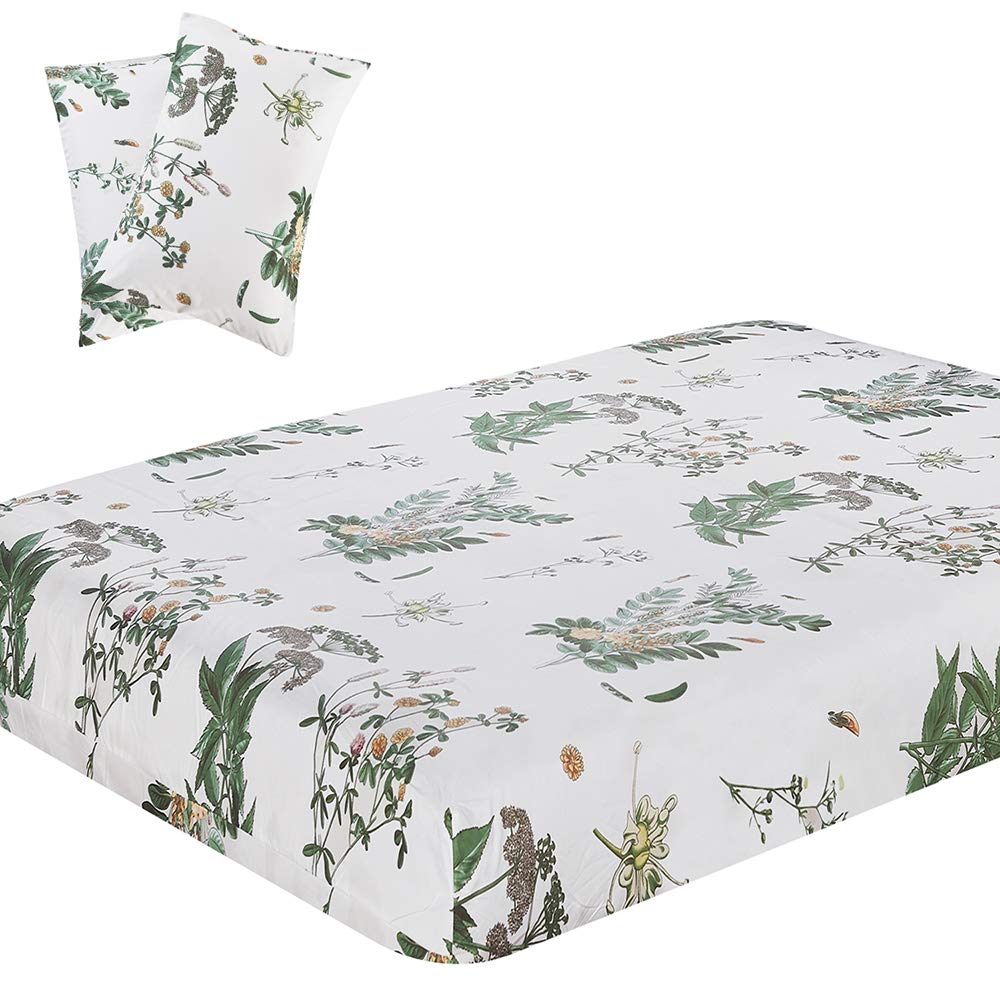 Vaulia Lightweight Microfiber Sheets Set - Floral Printed Twin Size Bedding (Green/White, 3-Piece with Fitted Sheet & 2 Pillowcases) | Soft, Breathable & Wrinkle-Resistant for Comfortable Sleep | Perfect for Guest Rooms, Dorms & Cozy Bedrooms