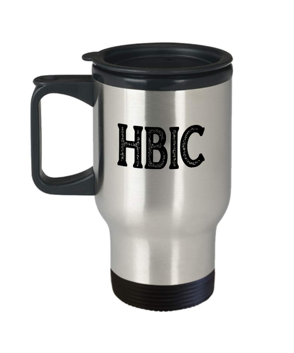 HBIC Travel Mug - Funny Birthday Gift for Women, Girlfriend, Boss - Head Bitch In Charge Coffee Cup - Sarcastic Feminist Gifts for Her - Perfect for Office Use, Daily Commute & Coffee Lovers