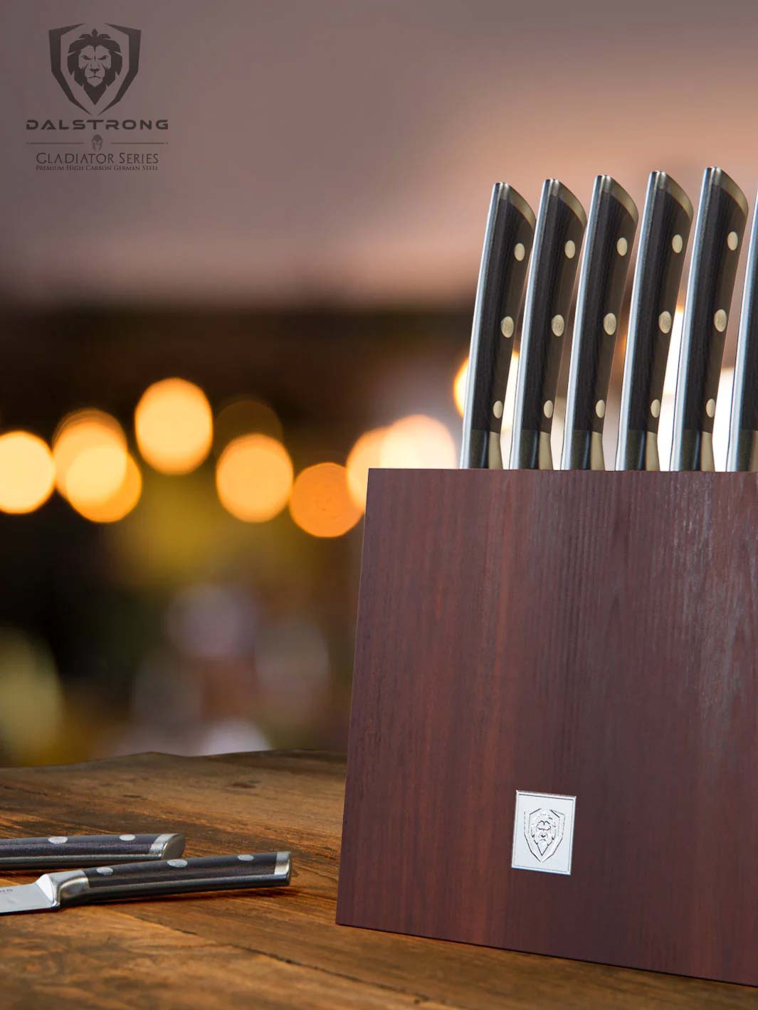 Premium 8-Piece Steak Knife Set with Wooden Storage Block - Gladiator Series by Dalstrong - Perfect for Steak Dinners, BBQ Parties & Kitchen Gifting