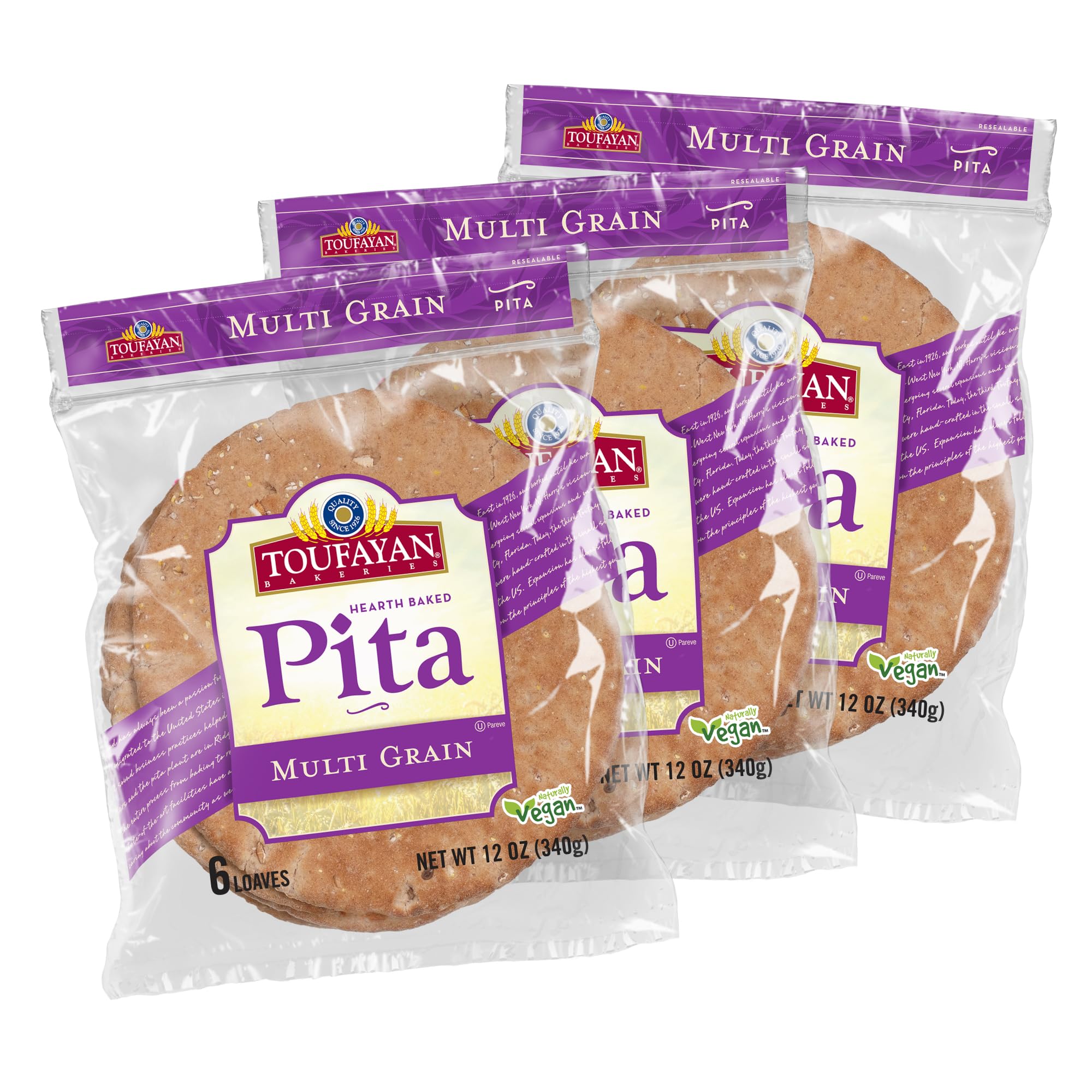Toufayan Multi Grain Pita Bread - 3 Pack (18 Pitas Total) | Whole Wheat Healthy Flatbread for Sandwiches, Wraps & Mediterranean Meals
