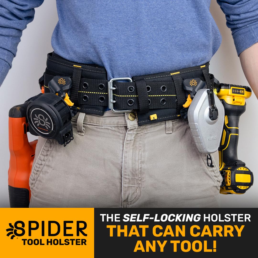 Spider Pro Tool Holster - Upgraded Self-Locking Quick-Draw Universal Belt Clip Holder with Ambidextrous Thumb Lock for Carpenters, Electricians & DIY Projects | Fits Any Work Belt for Easy Tool Access