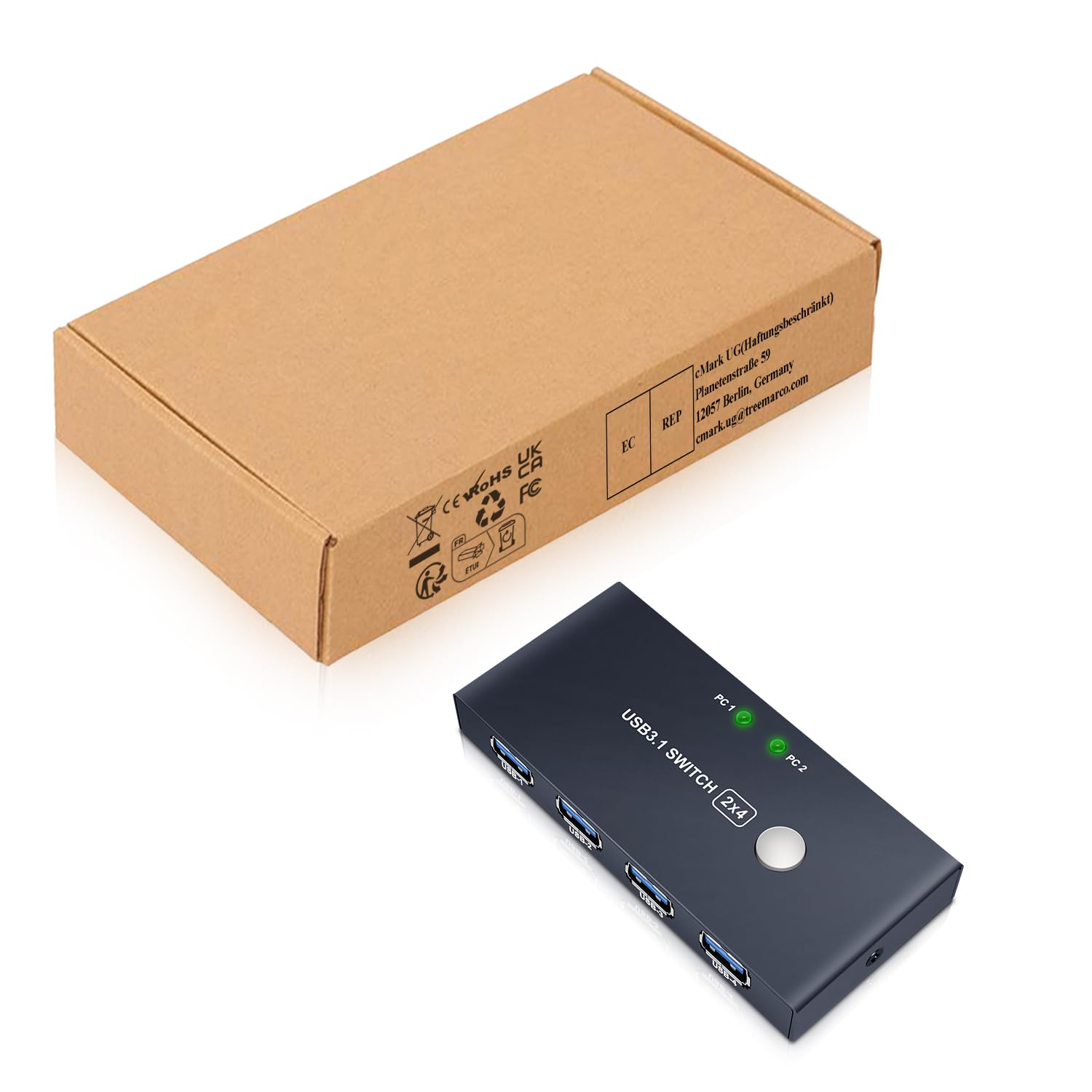 EVATEK USB 3.0 KVM Switch - 2 Input 4 Output USB 3.1 Hub with 2 Cables for Sharing 4 Devices - Peripheral Switcher Box for PC, Laptop, Printer, Scanner - Ideal for Home Office & Multi-Computer Setup