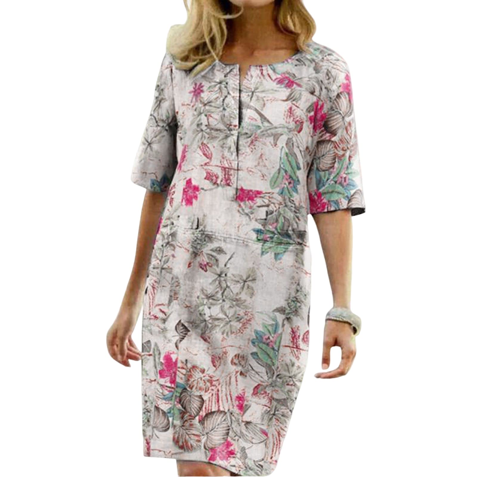 Vintage Floral Print Women's Summer Maxi Dress - V Neck Half Sleeve Casual Midi Dress for Beach, Vacation & Outdoor Activities