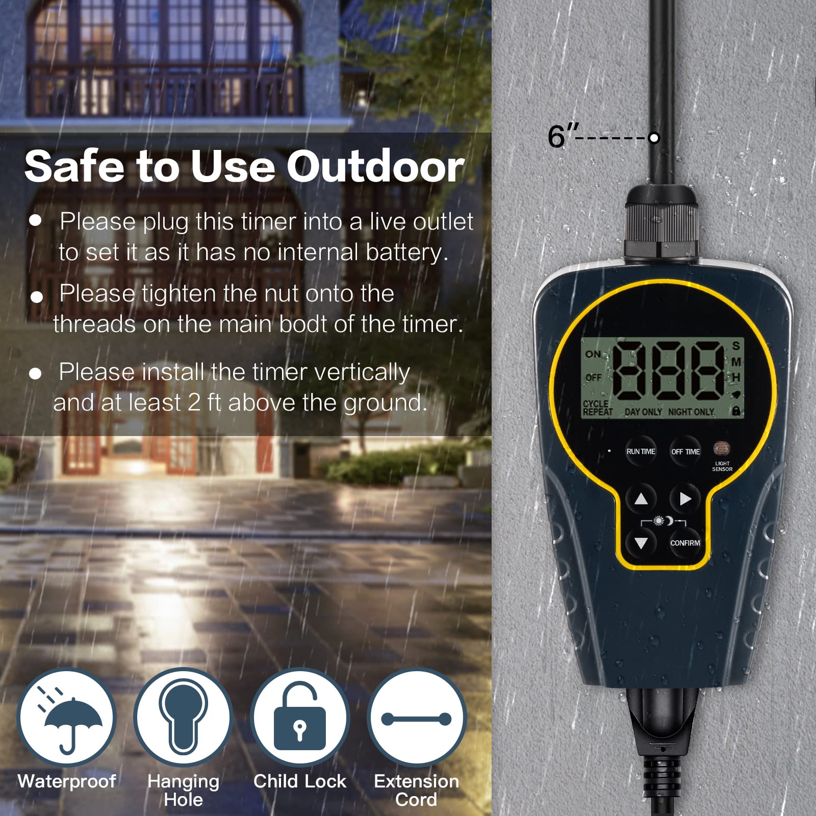 1s to 999h Adjustable Digital Timer Plug - Outdoor Waterproof Electrical Outlet with Countdown & Light Sensor - Perfect for Holiday Lights, Aquariums, and Garden Irrigation (15A 1HP)