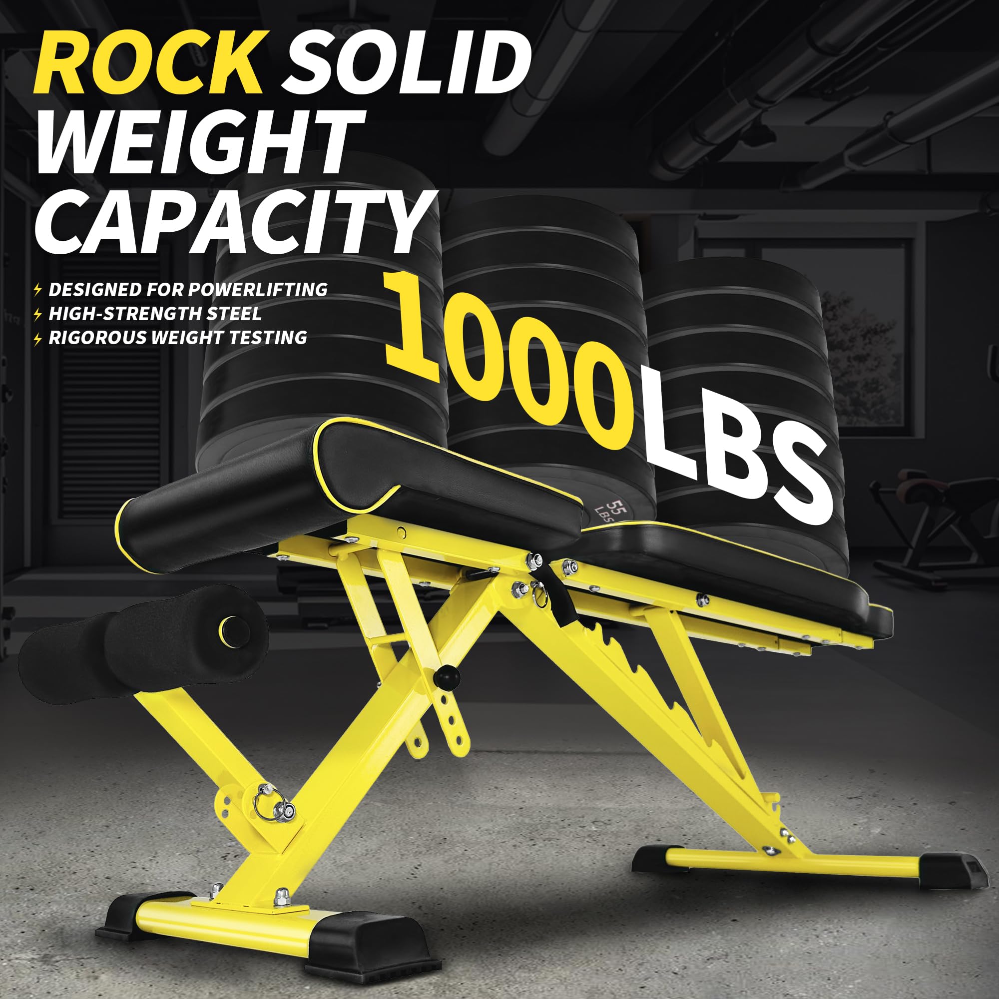 Adjustable Weight Bench 1000LB Capacity - Fast Folding Home Gym Workout Bench for Strength Training | Incline/Decline/Flat Utility Bench Press for Full Body Exercise | Compact Upright Storage | Ideal for Home Gym, Garage Workouts & Personal Training (Yellow)