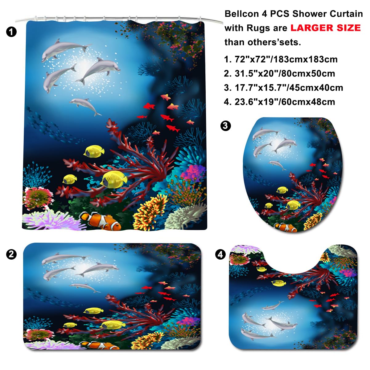 Blue Ocean Bathroom Sets for Kids - Shower Curtain with White Dolphins & Fish, Bath Mat, Toilet Seat Cover & Rugs | Boys & Girls Coastal-Themed Bathroom Decor | Perfect for Beach House, Nursery or Kids' Bathroom Makeover