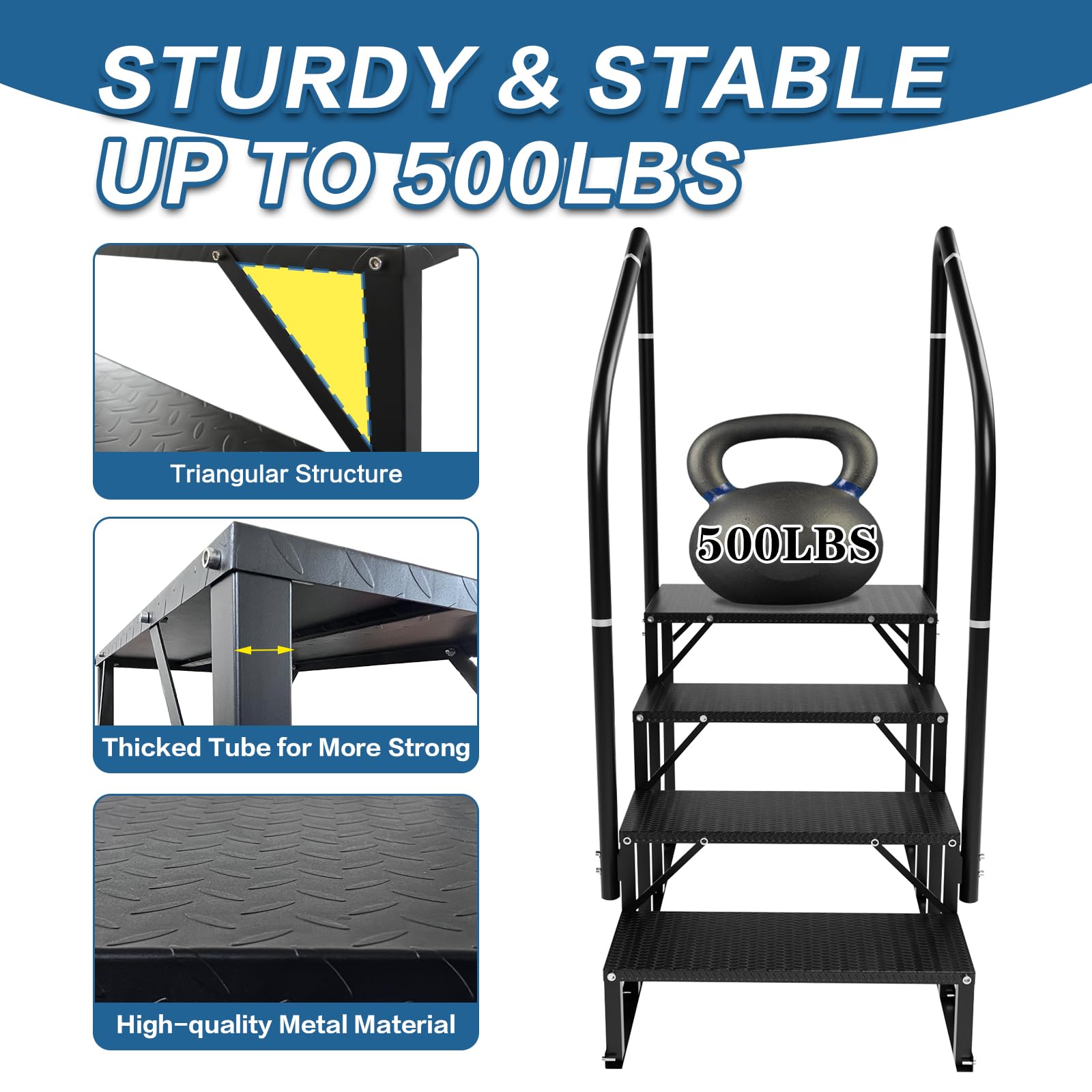 RV Steps With Handrail - 4-Step Non-Slip Aluminum Stairs for Camper, Trailer, Mobile Home, Hot Tub & Outdoor Spa | Heavy Duty Outdoor Stairs for RV Access, Deck Entry & Poolside Use
