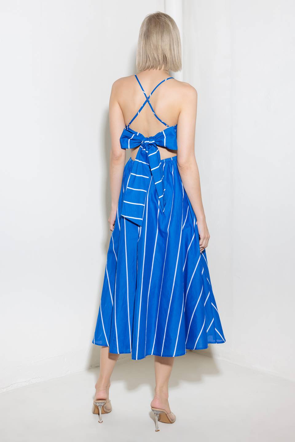 Blue Stripe Tie Back Midi Dress - Elegant Summer Casual Outfit for Beach, Brunch & Date Nights