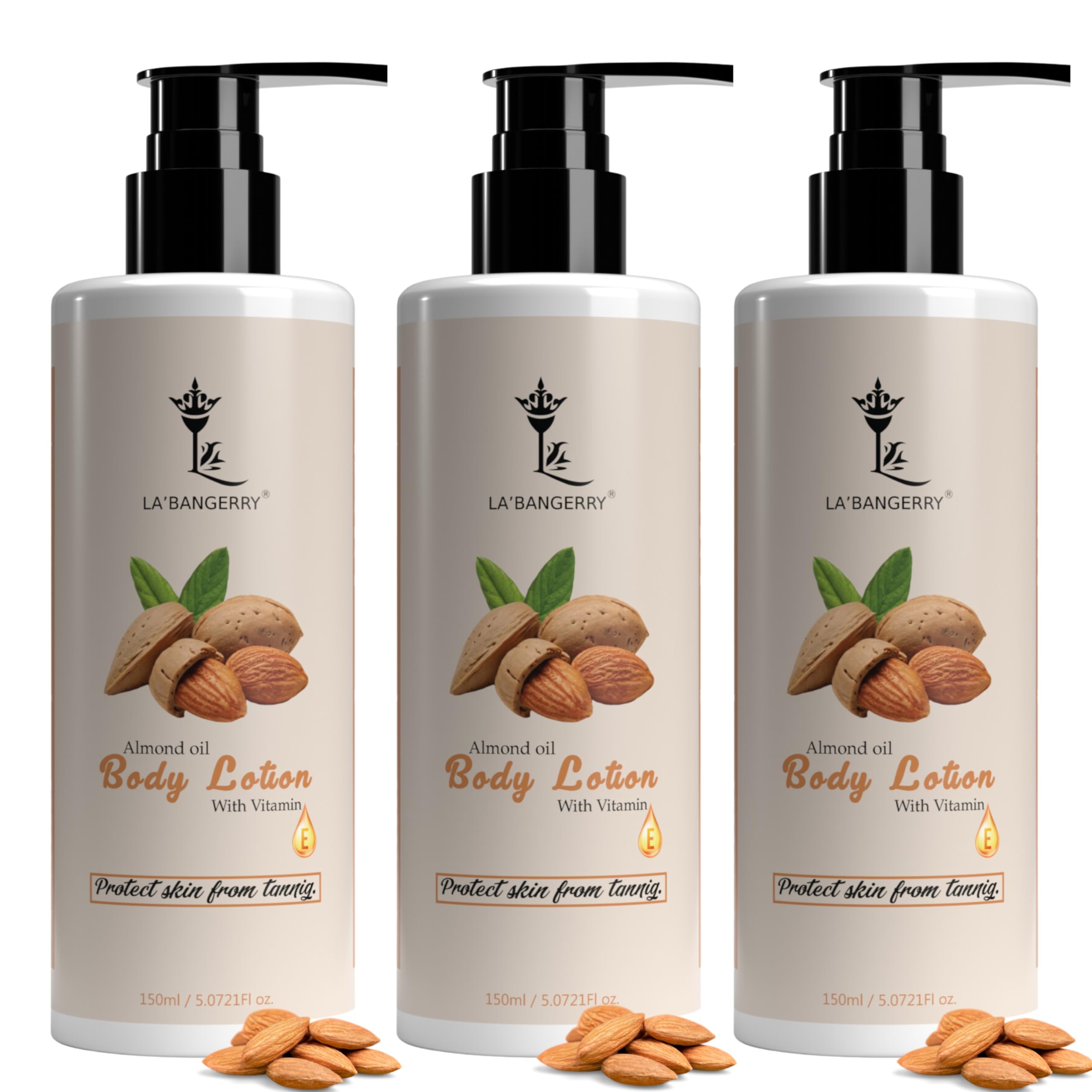 LA'BANGERRY Almond & Vitamin E Body Lotion - Pack of 3 | Ultra Moisturizing & Nourishing Dry Skin Care | Perfect for Daily Hydration & Spa Night Self-Care Routine