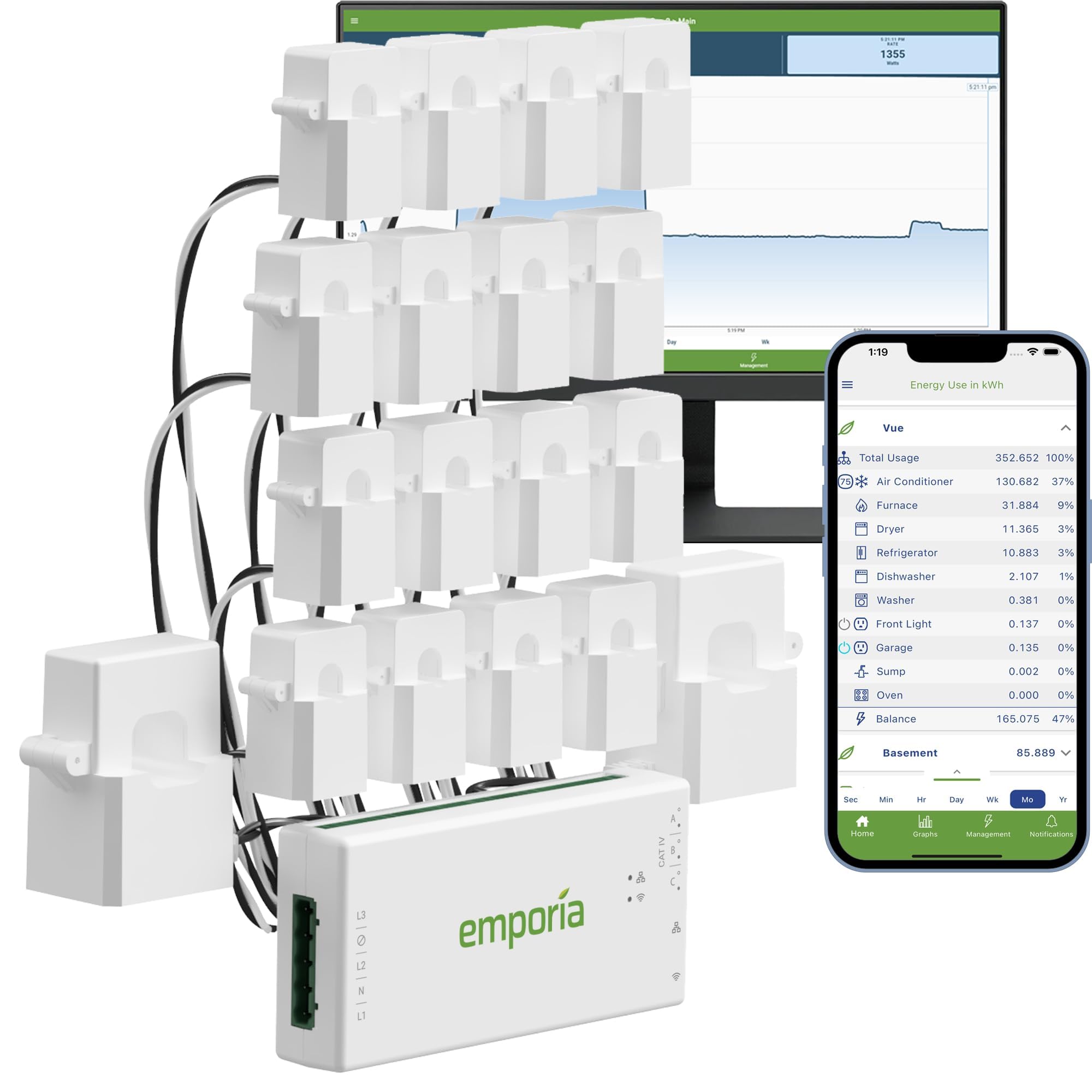 Emporia Gen 3 Smart Home Energy Monitor with 16 50A Sensors | Real-Time Electricity Usage Tracking | Solar & Net Metering Compatible | Home Automation Energy Savings for Smart Homes | Monitor Appliances, HVAC & Solar Systems