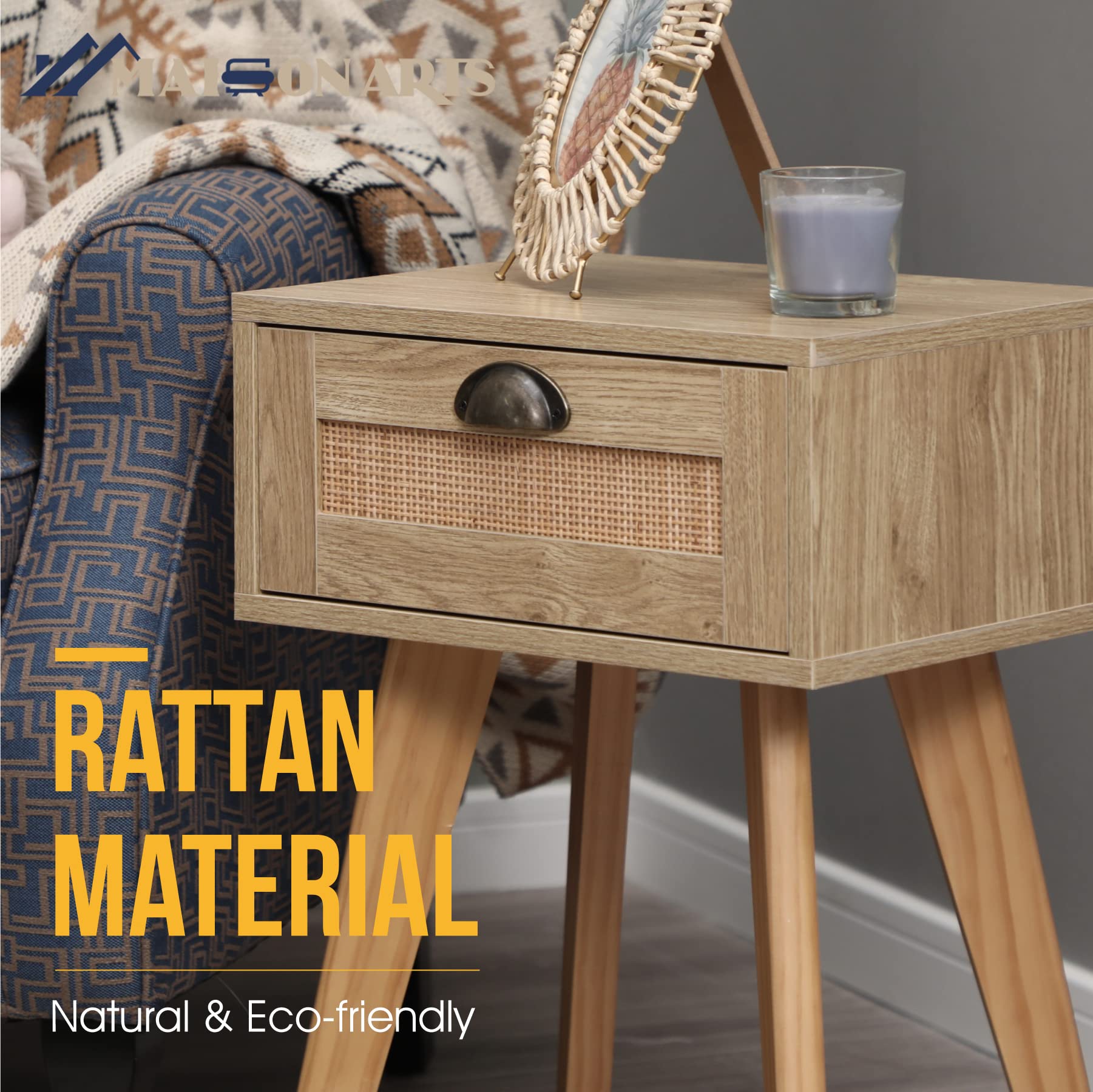 MAISON ARTS 2-Piece Nightstand Set with Drawer - Solid Wood Legs & Rattan Storage Bedside Tables for Bedroom & Living Room - Easy Assembly - Perfect for Small Spaces, Guest Rooms & Apartment Decor