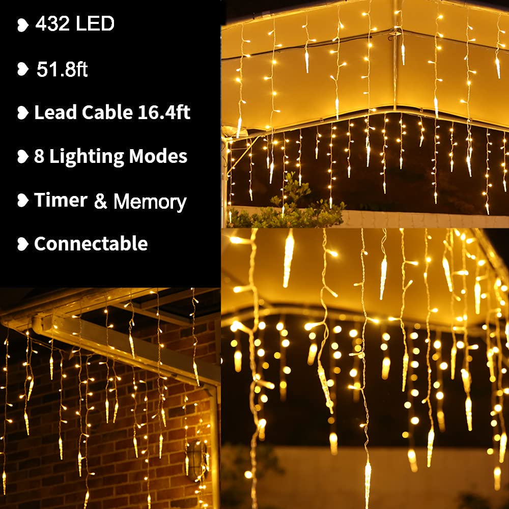 432 LED 35.4ft Christmas Icicle Lights - 8 Lighting Modes with 72 Drops, Warm White Waterproof Fairy String Lights for Xmas Tree, Wedding, Garden, Outdoor & Indoor Decor - Perfect for Holiday, Party and Home Decoration