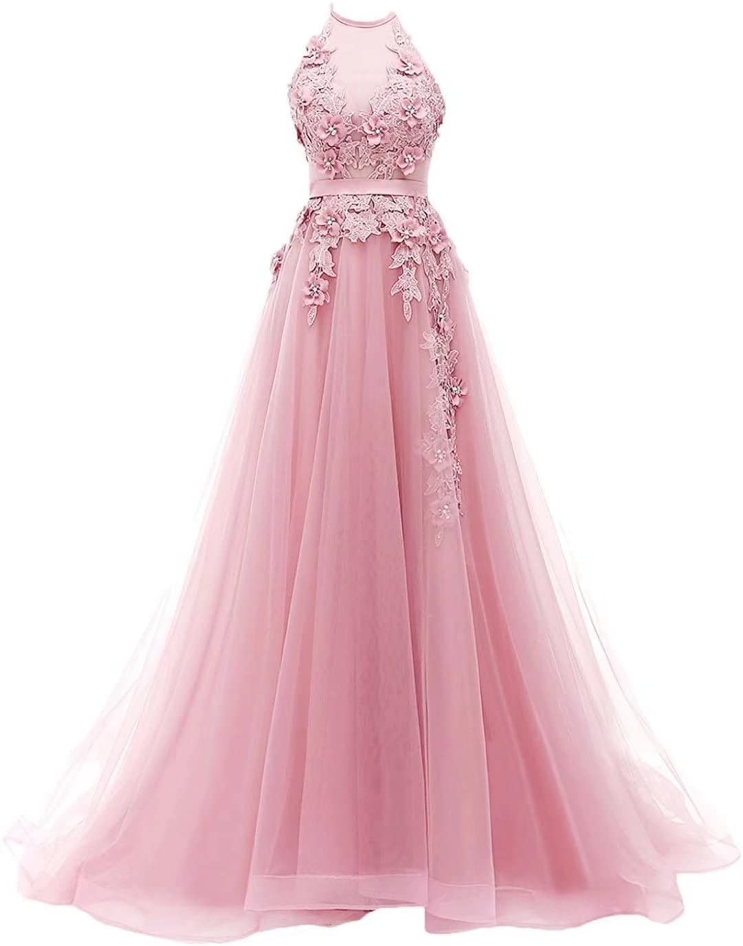 FTBY Women's Elegant Halter Prom Dress with Tulle & Lace Appliques - Backless Formal Evening Gown for Homecoming, Wedding Guest, Cocktail Party & Special Occasions