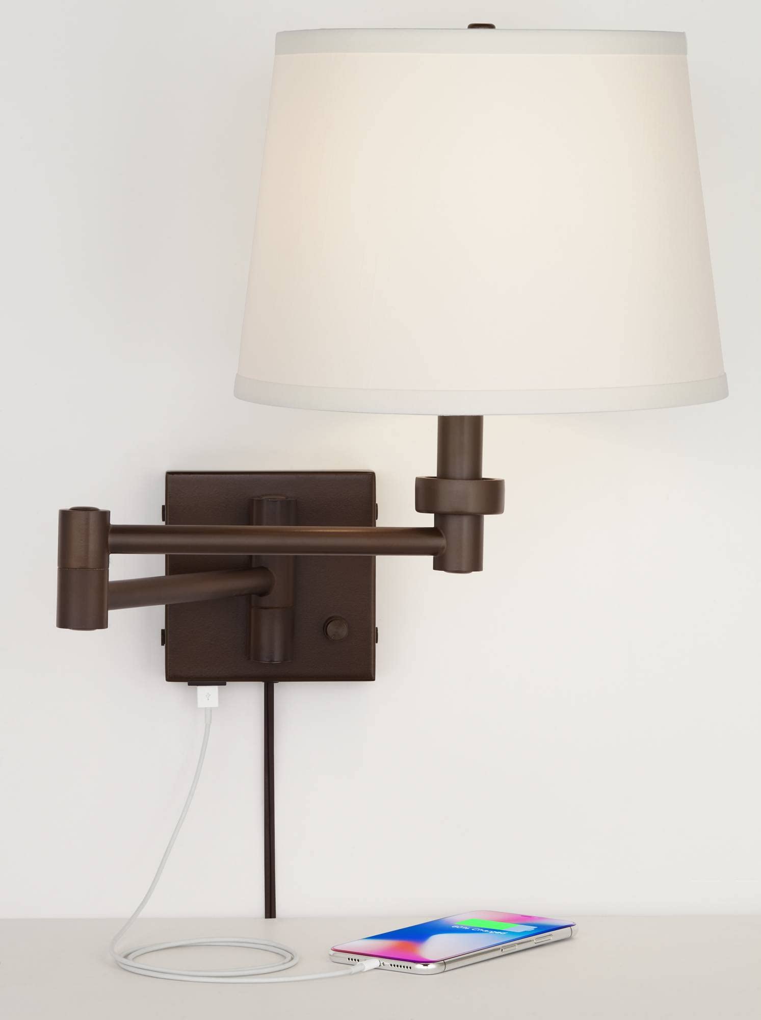 360 Lighting Vero Modern Swing Arm Wall Lamp with USB Charging Port - Oil Rubbed Bronze Plug-in Light Fixture with Cream Drum Shade - Perfect for Bedroom, Living Room, Hallway & Dining Areas (Reading Light, Nightstand Lamp, Home Decor)