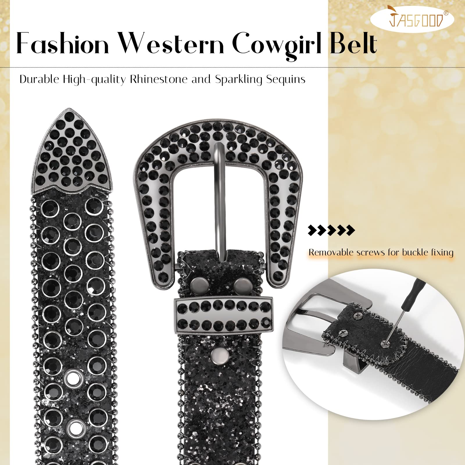 JASGOOD Rhinestone Belt for Women & Men - Bling Western Cowgirl Cowboy Studded Leather Waist Belt with Diamonds for Jeans & Pants | Perfect for Country Dance, Rodeo, and Western Fashion Outfits