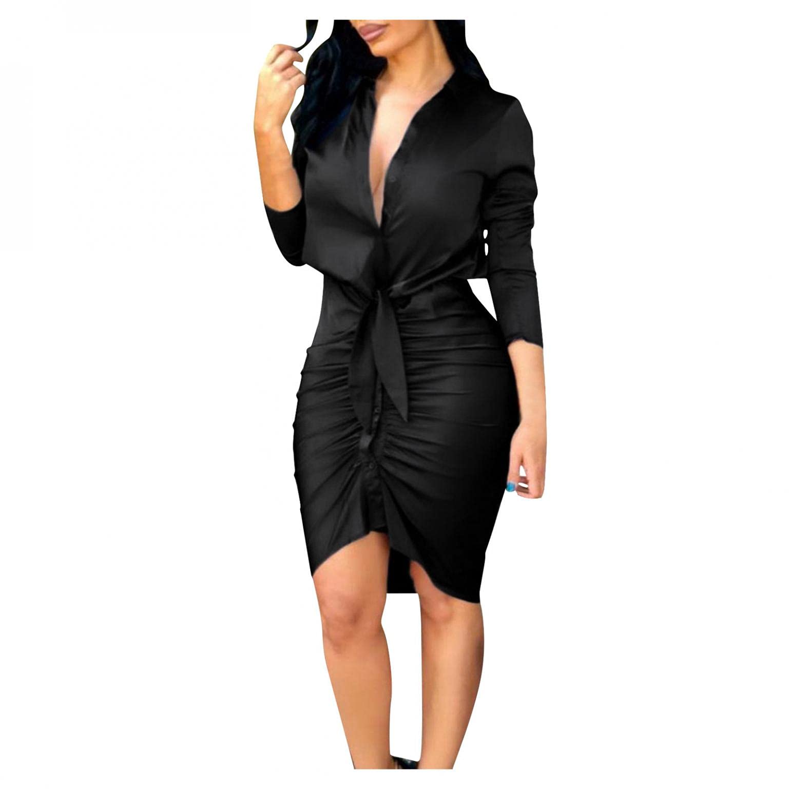 Women's Elegant Wrap V-Neck Long Sleeve Midi Dress with Tie Waist & Side Slit - Bodycon Ruched Cocktail Party Mini Dress for Date Night & Special Occasions