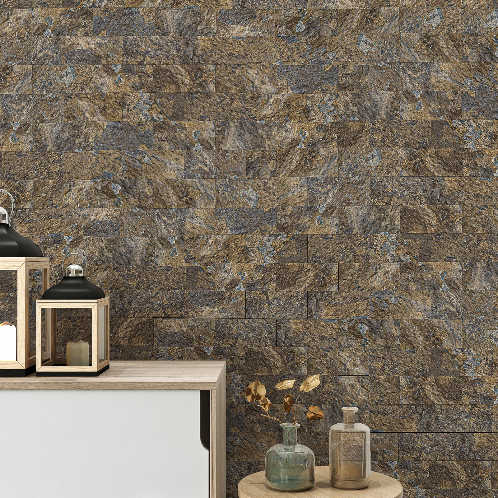 LONGKING 10-Sheet Peel and Stick Backsplash Tile - Waterproof PVC Self-Adhesive Wallpaper for Kitchen, Bathroom Vanity, Laundry Room - Rustic Slate Design, Easy DIY Home Décor Upgrade (Perfect for Renters & Homeowners)
