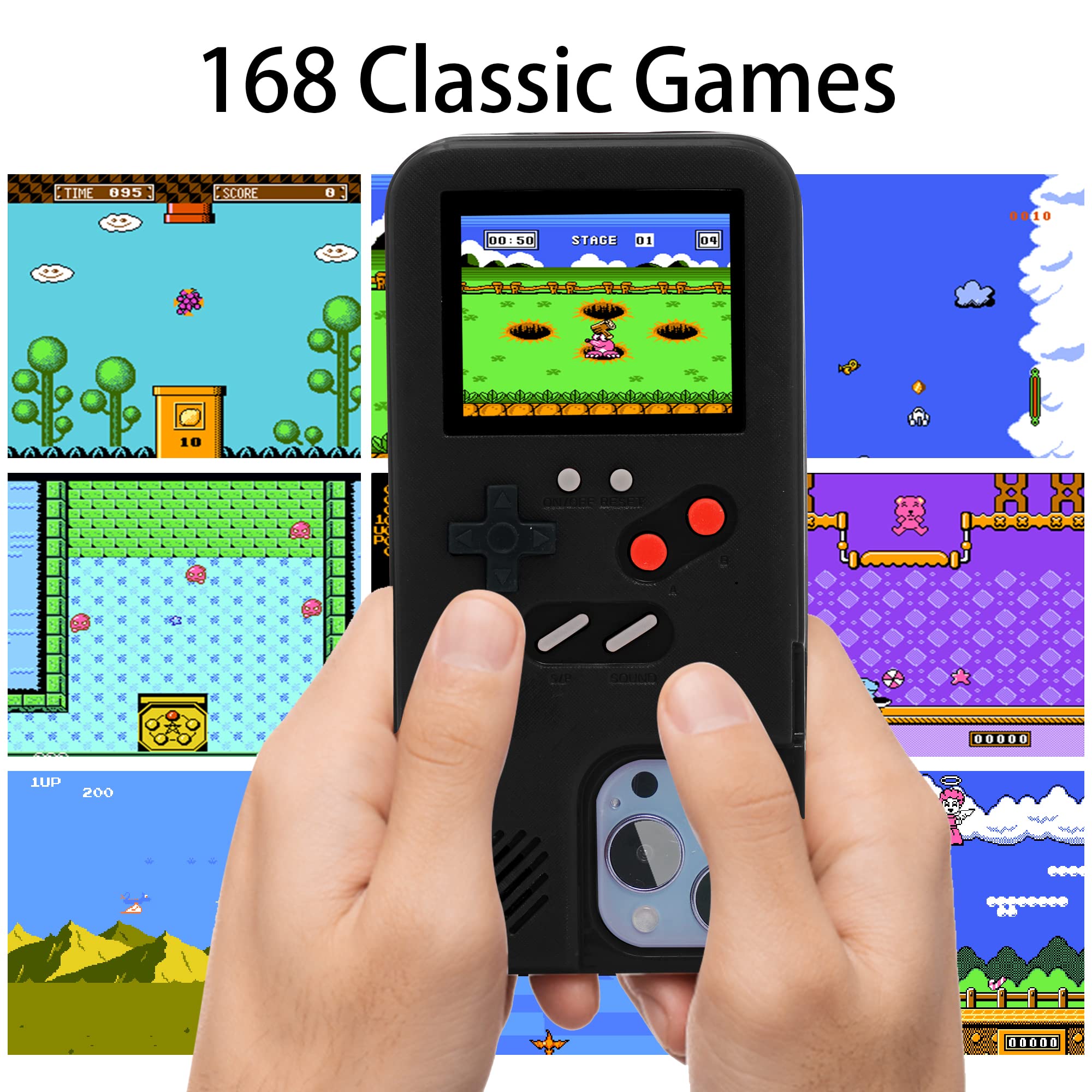 Retro Handheld Game Case for iPhone 6/6s/7/8 - 168 Classic Games with Color Display, Anti-Scratch Shockproof Phone Cover (Black) - Perfect for Gaming Enthusiasts & Nostalgic Entertainment