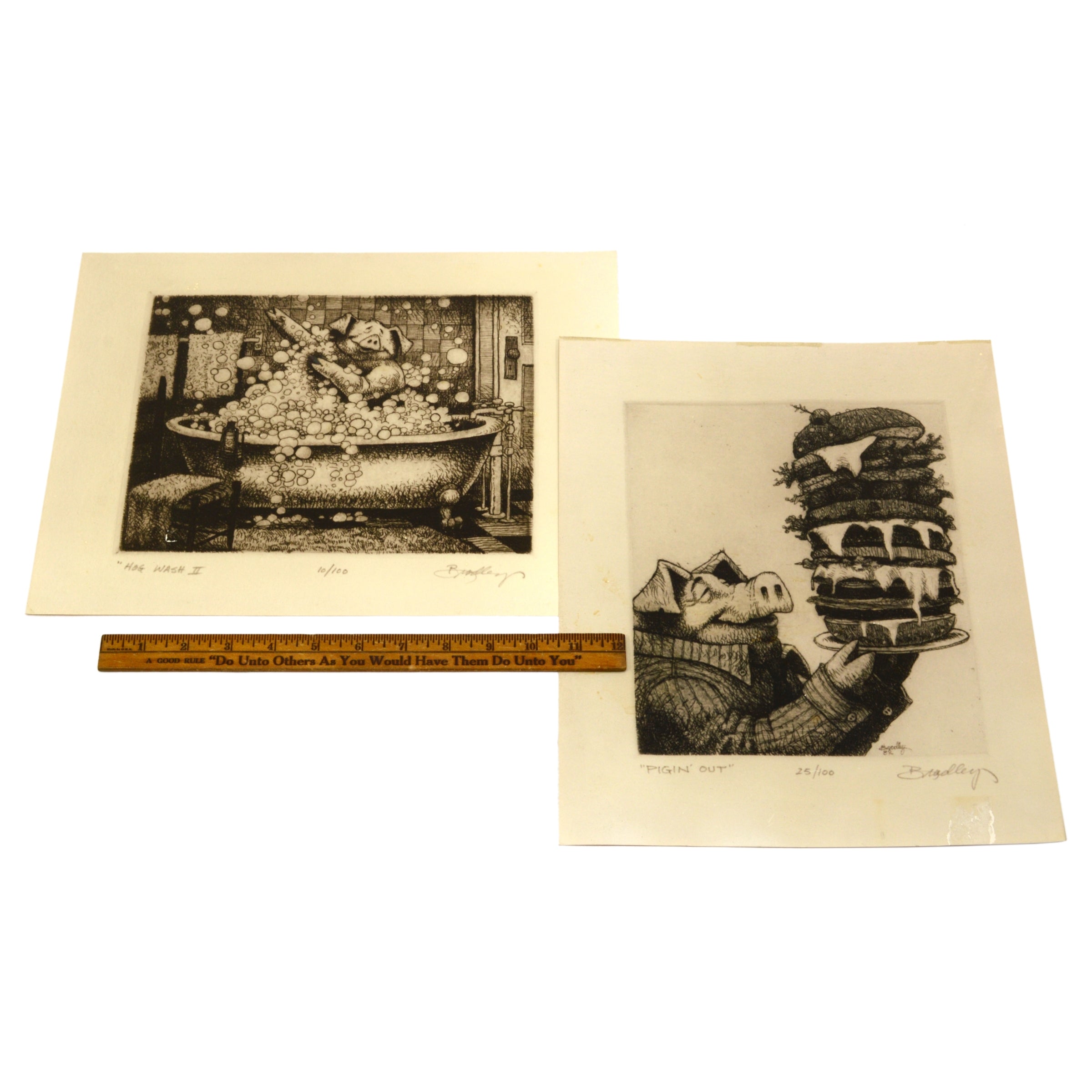 2 Vintage Dale Bradley Signed Pig Art Etching Prints - Hog Wash II & Pigin' Out - Farmhouse Decor, Country Kitchen Wall Art, Rustic Home Office Decorations