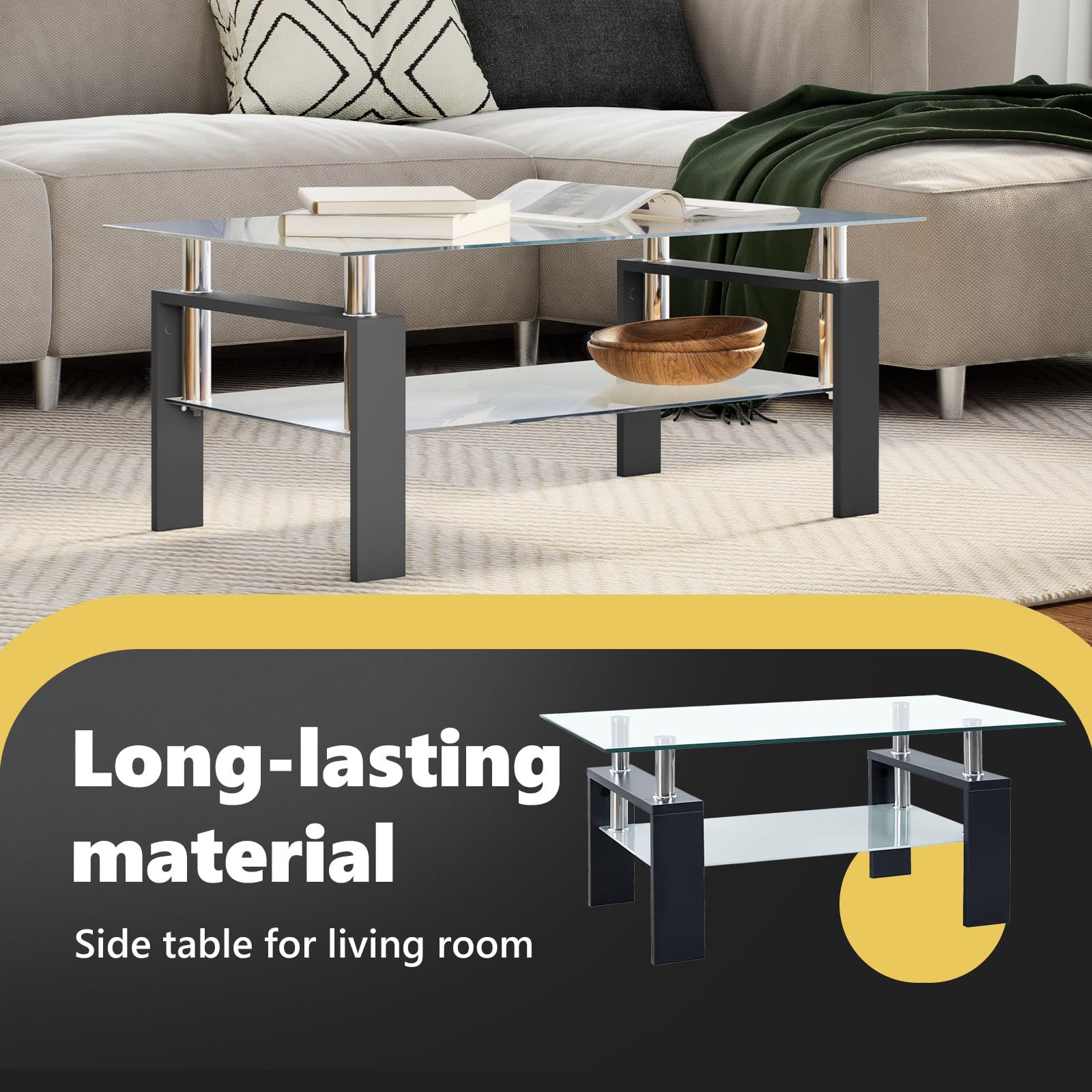 Modern Black & Transparent Tempered Glass Coffee Table with Melamine Legs - 2-Tier Design, Easy to Clean, 37.4