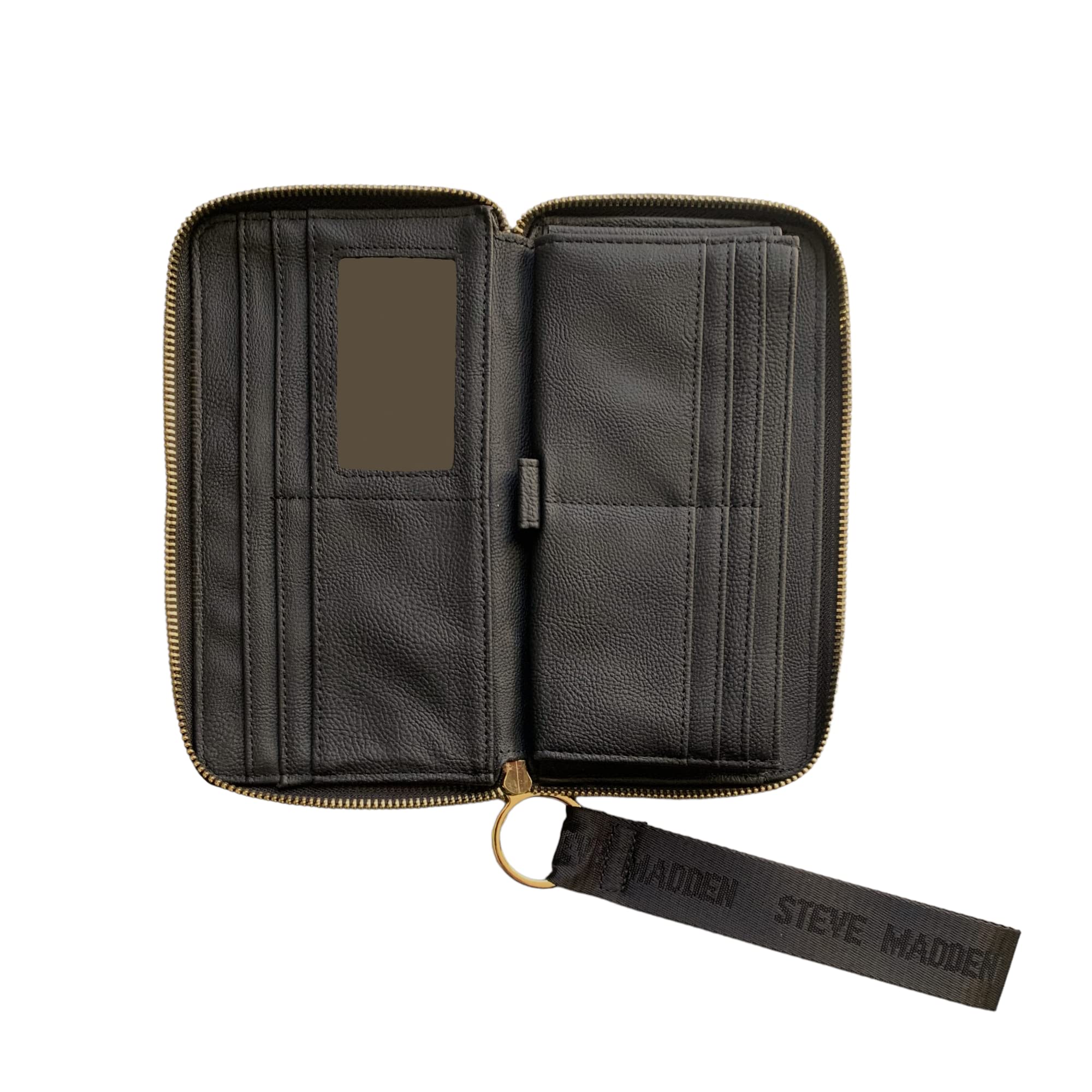 Steve Madden BZIP-WEB Black Leather Wallet Wristlet for Women - Slim RFID Blocking Card Holder with Wrist Strap - Perfect for Parties, Travel & Everyday Use