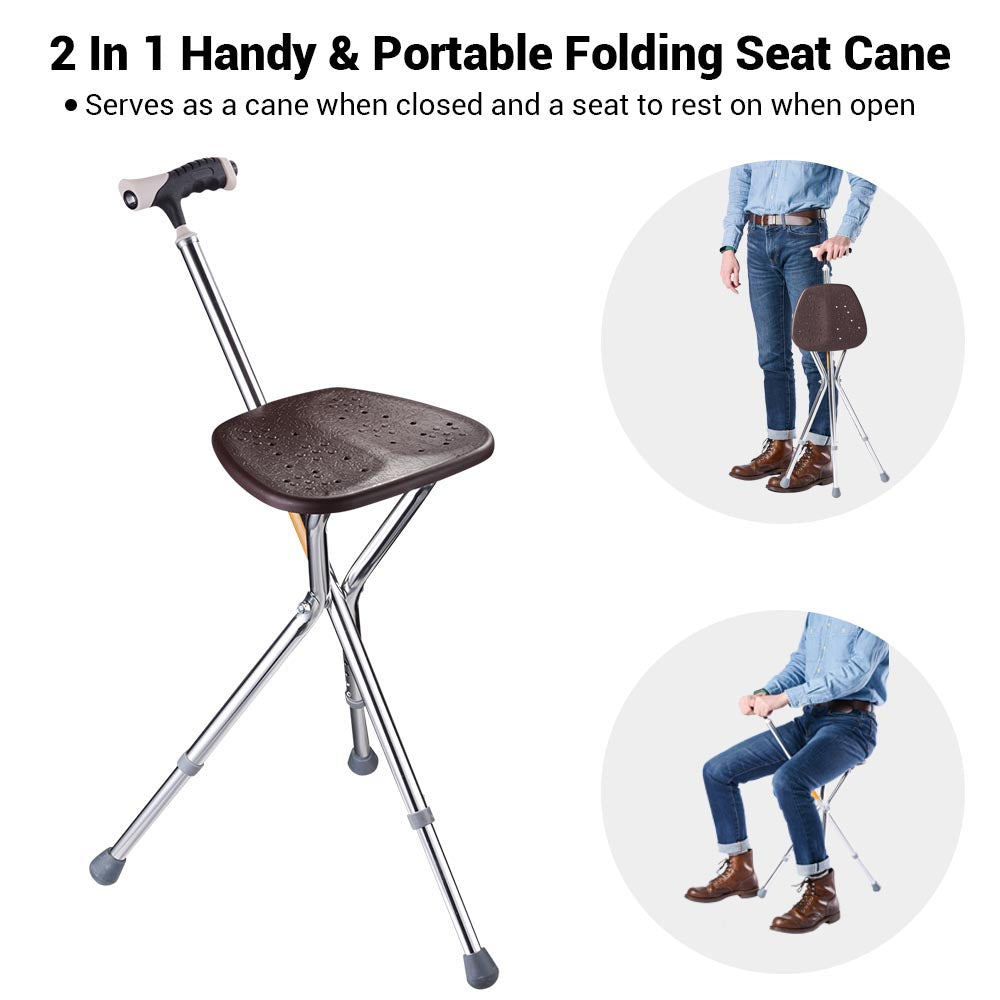 TheLAShop Adjustable Folding Seat Cane - Lightweight Walking Stick with Comfortable Handle for Seniors & Hikers - Perfect for Outdoor Activities, Travel, and Mobility Support